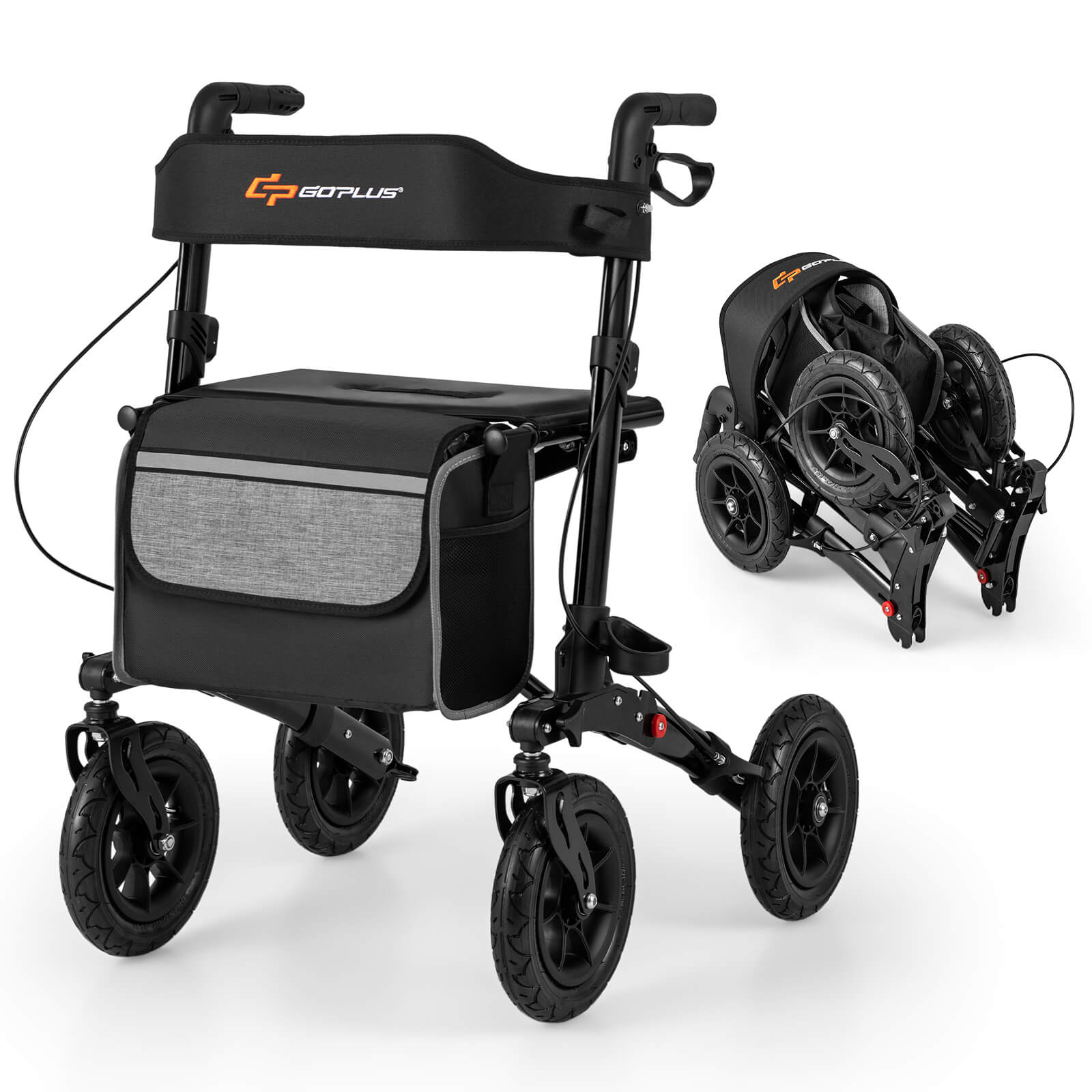 Costway - Walker for Seniors Folding Rollator Walker with 9" Pneumatic Tires for All Terrain - Black