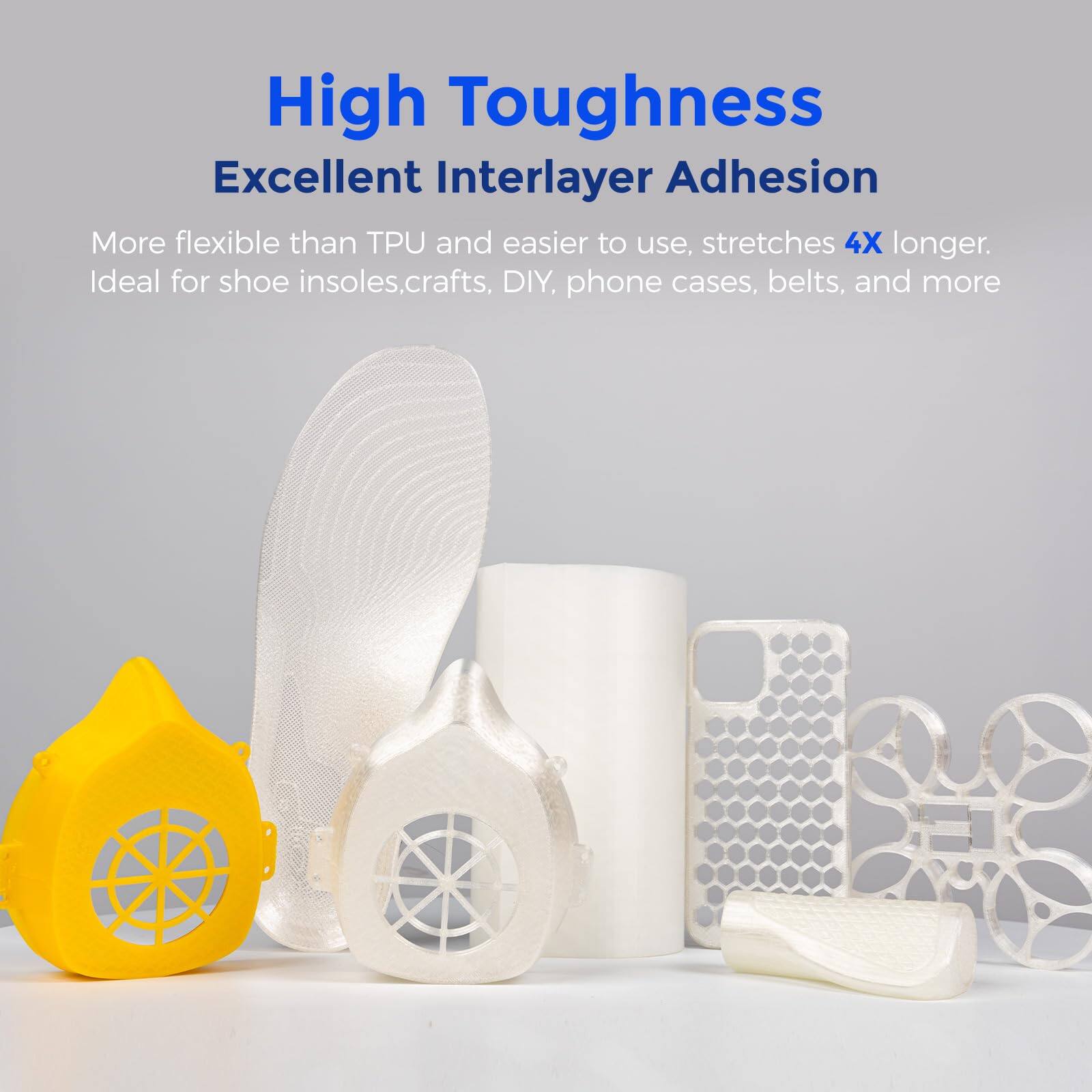High Toughness  
Excellent Interlayer Adhesion  

More flexible than TPU and easier to use, stretches 4X longer.  
Ideal for shoe insoles, crafts, DIY, phone cases, belts, and more