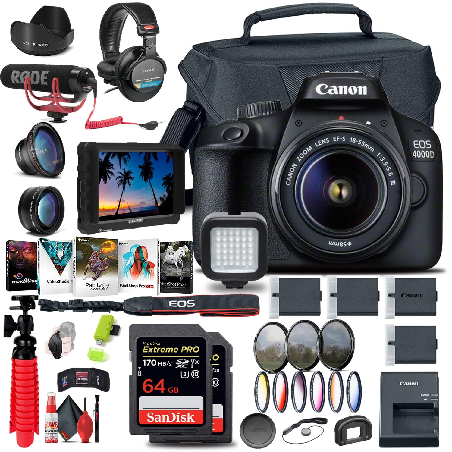 Canon - EOS 4000D / Rebel T100 DSLR Camera with 18-55mm Lens + 4K Monitor Extreme Bundle