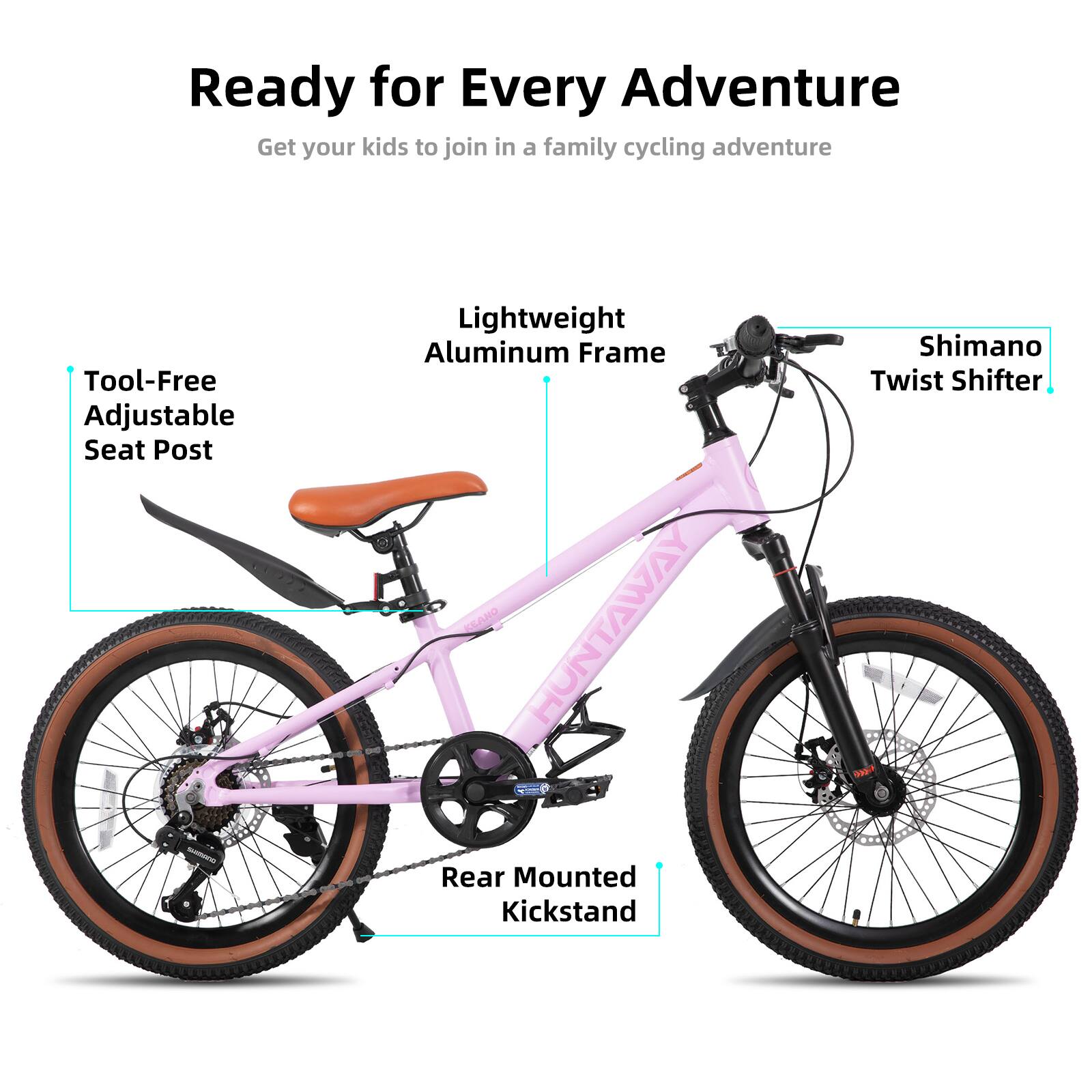Ready for Every Adventure  
Get your kids to join in a family cycling adventure  

- Tool-Free Adjustable Seat Post  
- Lightweight Aluminum Frame  
- Shimano Twist Shifter  
- Rear Mounted Kickstand