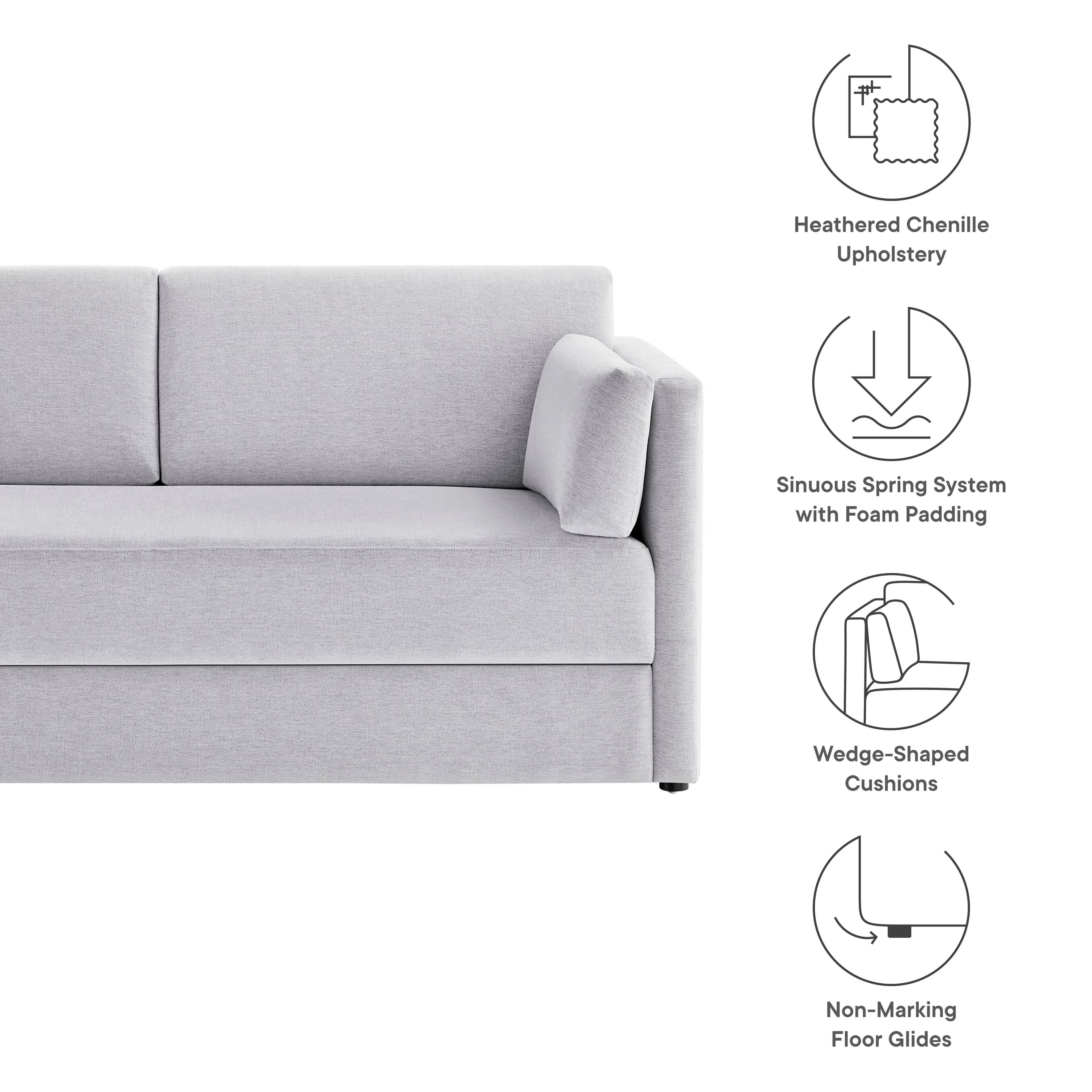 - Heathered Chenille Upholstery
- Sinuous Spring System with Foam Padding
- Wedge-Shaped Cushions
- Non-Marking Floor Glides