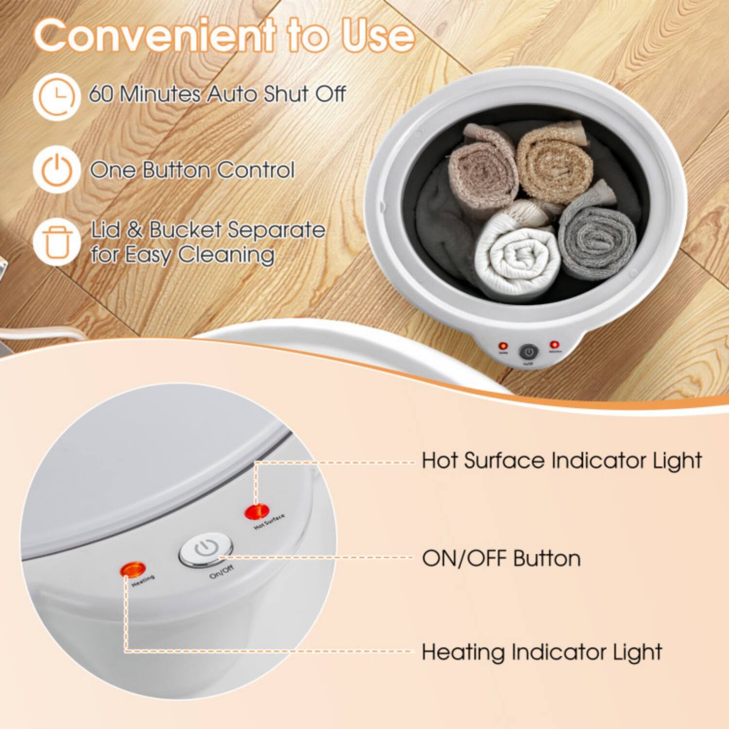 Convenient to Use

- 60 Minutes Auto Shut Off
- One Button Control
- Lid & Bucket Separate for Easy Cleaning
- Hot Surface Indicator Light
- ON/OFF Button
- Heating Indicator Light
