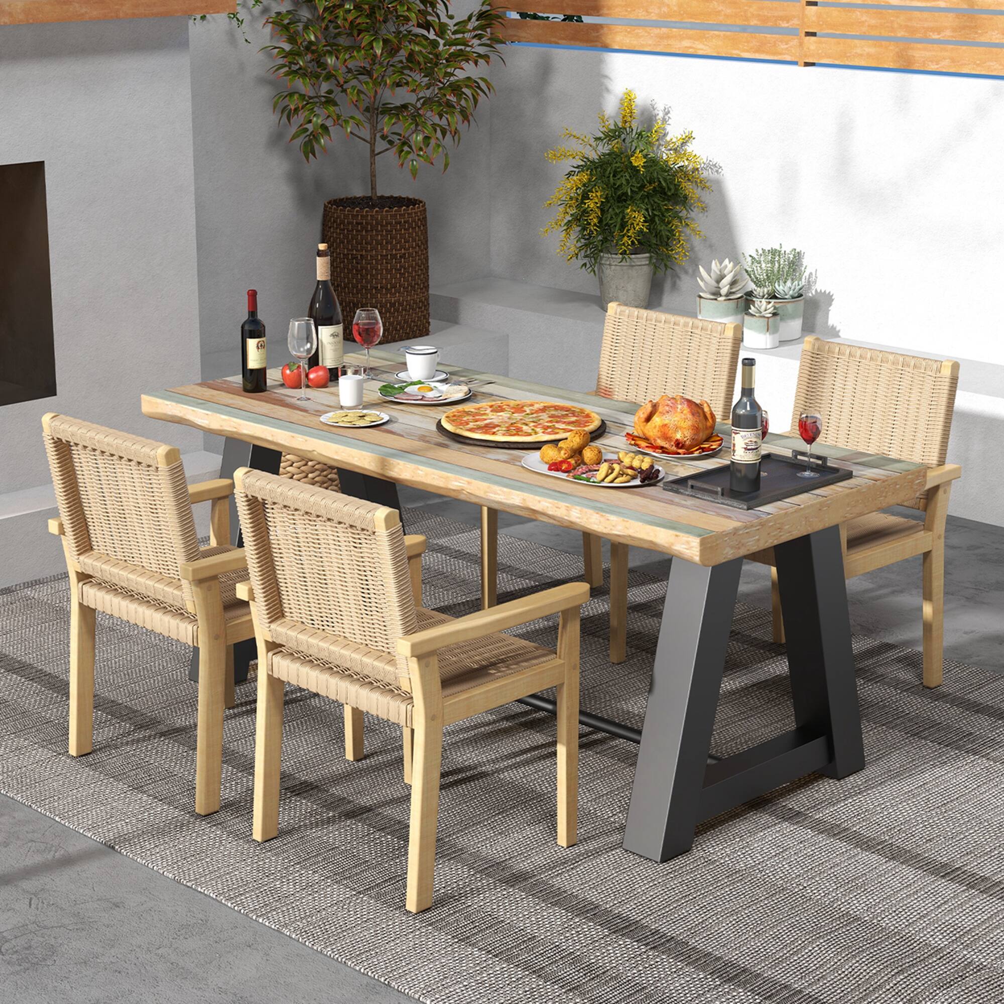 Alt View 2. Costway - Costway Patio Chair Set of 4 Rubber Wood Dining Armchairs Paper Rope Woven Seat Balcony - Natural.