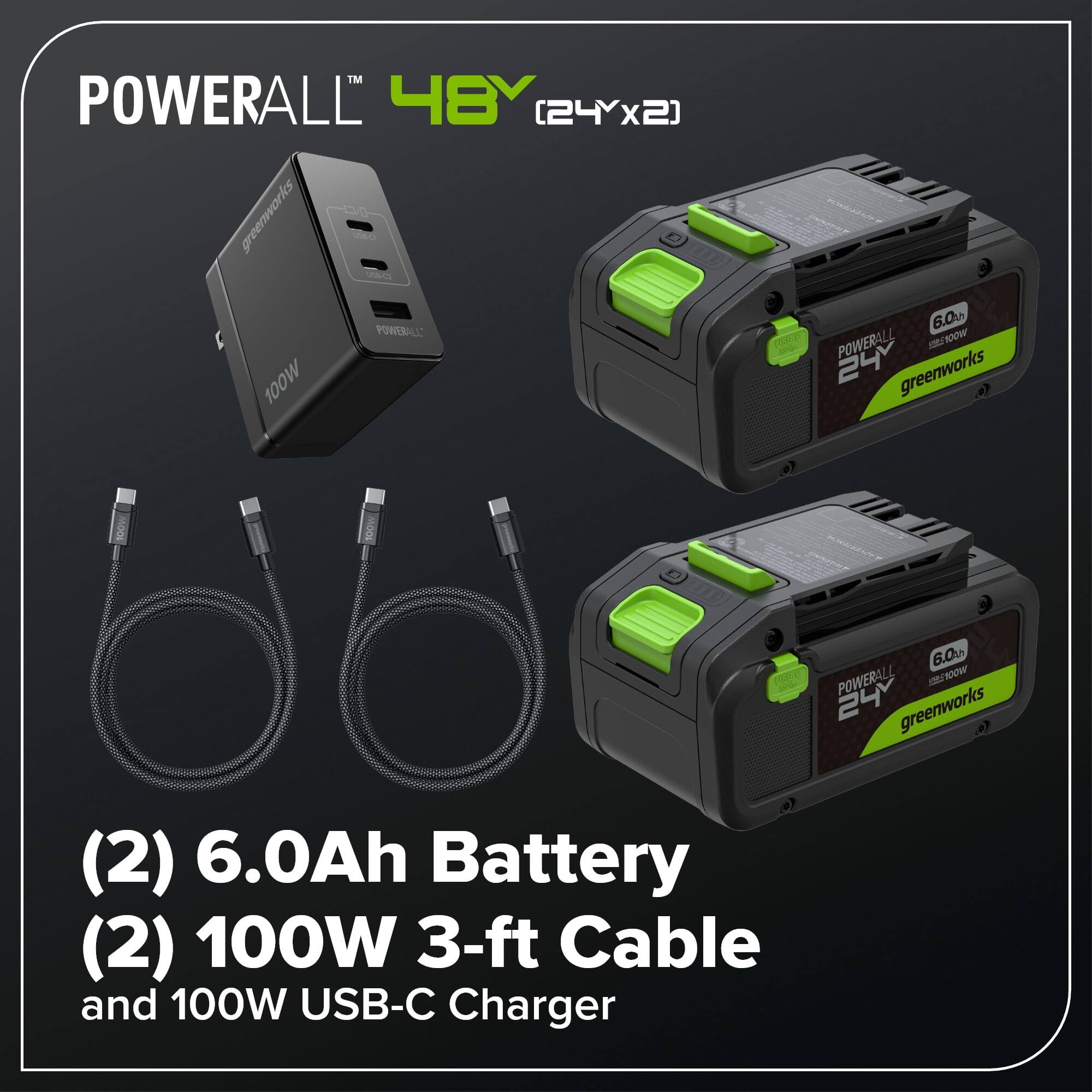 POWERALL 48Y (24Yx2)  
sOMU0016  
s v 1 100W  
POWERALL 6.0%  
TA  
POWERALL WOOR'E 24  
greenworks 6.00  
FO2  
POWERALL - W9OKE  
24 greenworks (2)  
6.0Ah Battery (2)  
100W 3-ft Cable and 100W USB-C Charger