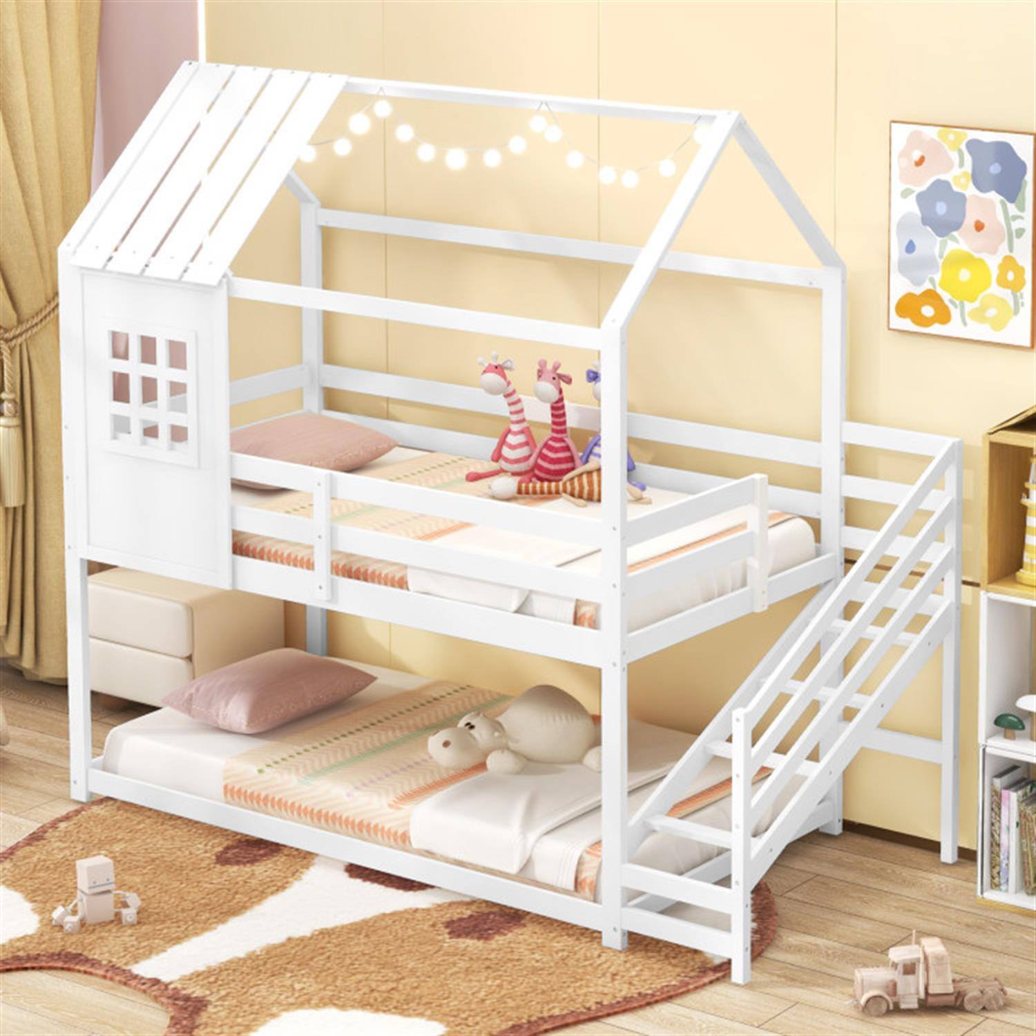 Angle. Pefilos - Twin Over Twin Bunk Bed with Stairs and Roof, Twin Bunk Beds, Space-saving Solid Wood House Bed Frame - White.