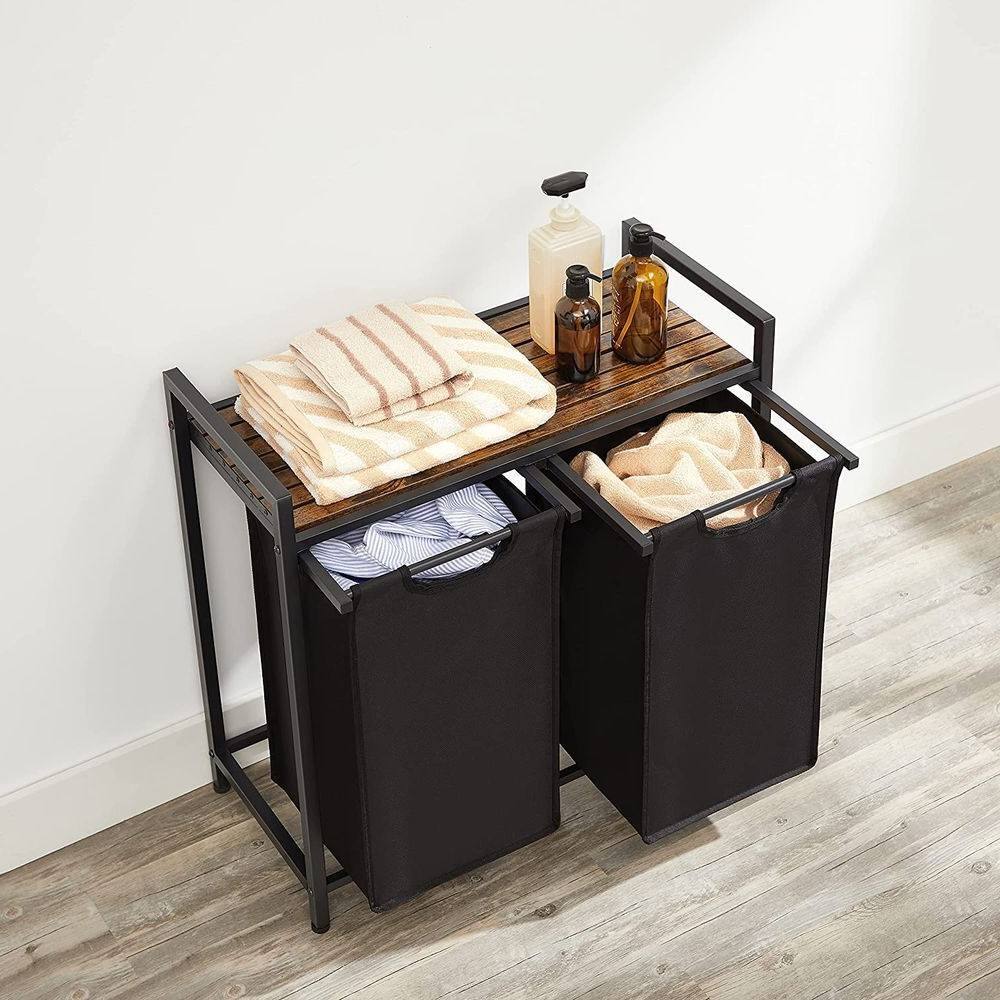 Angle. Hivvago - Metal Wood Industrial Modern Laundry Sorter Hamper Black/Brown - Black.
