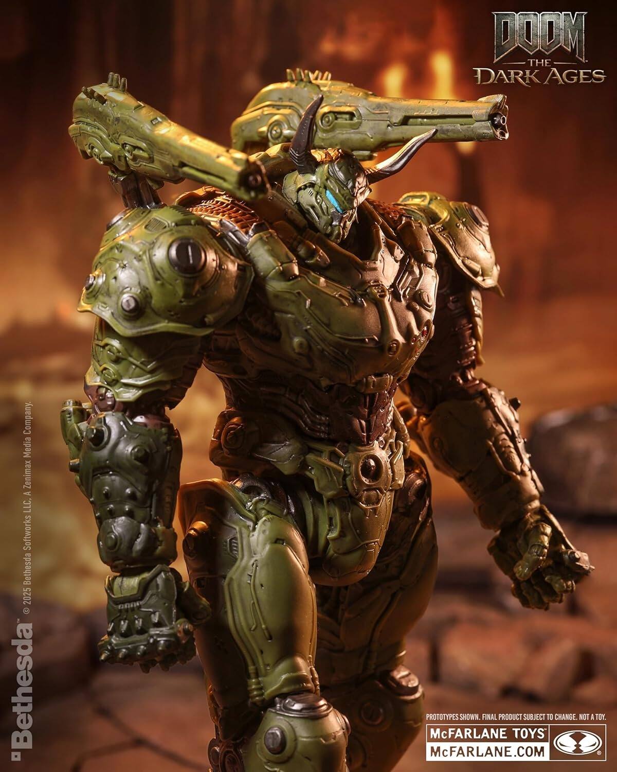 DOOM THE DARK AGES  
Company: Media Zenimax A LLC  
Softworks: Bethesda 2025  
"Bethesda PROTOTYPES SHOWN. FINAL PRODUCT SUBJECT TO CHANGE. NOT A TOY.  
McFARLANE TOYS  
McFARLANE.COM