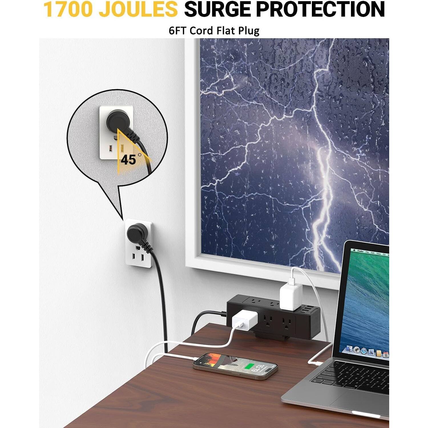 1700 JOULES SURGE PROTECTION  
6FT Cord Flat Plug  

45°