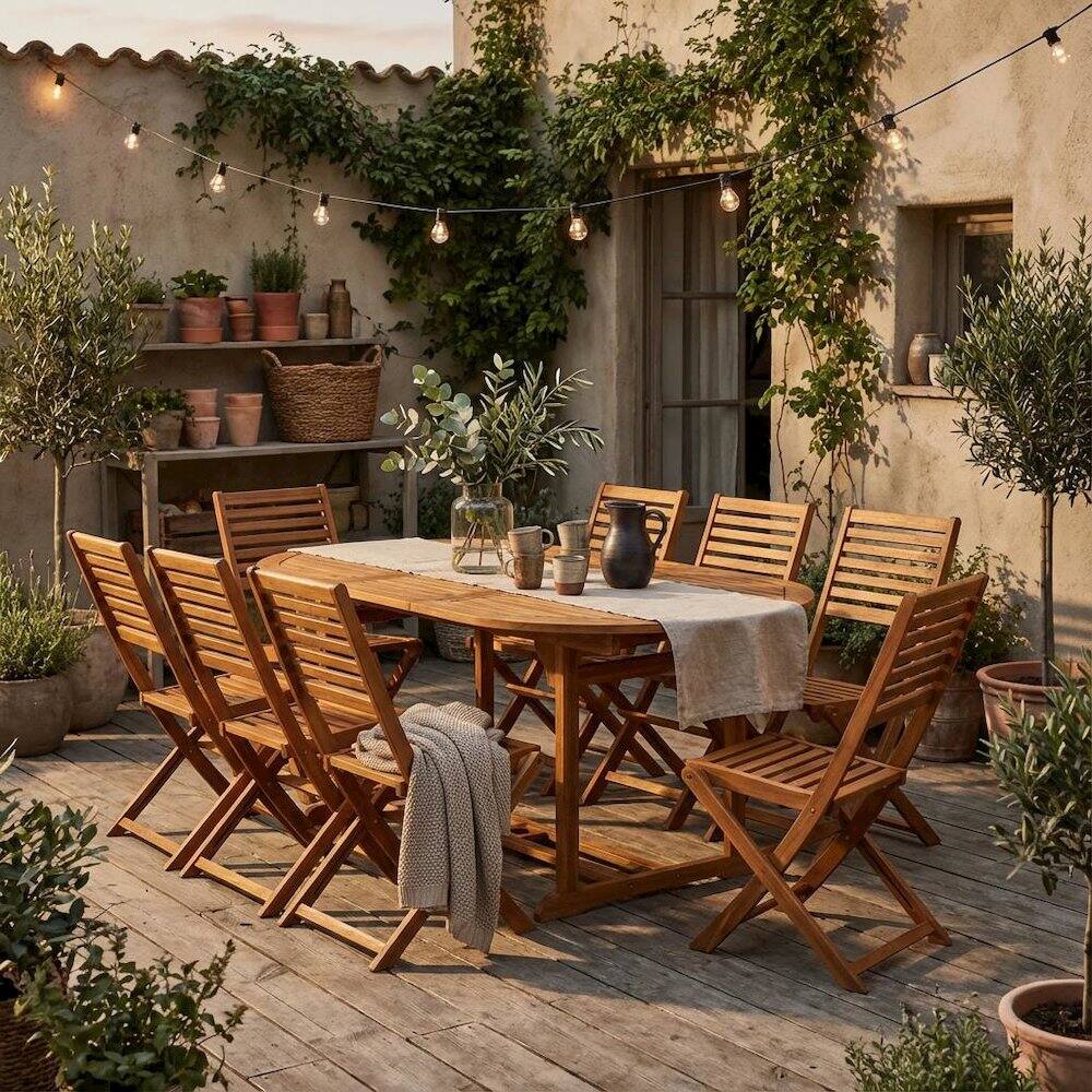 Alt View 3. Outdoor Escape - Oil-Finish Wooden Patio Set with Dining Table and 8 Outdoor Chairs - Brown.
