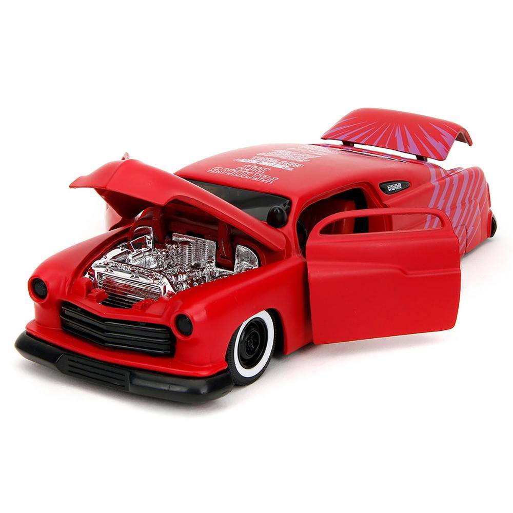 Angle. Jada - 1951 Mercury Matt Red with Purple Stripes & Creep Diecast Figure "Creepshow" (1982) Movie "Hollywood Rides" Series 1/24 - Matt Red with Purple Stripes.