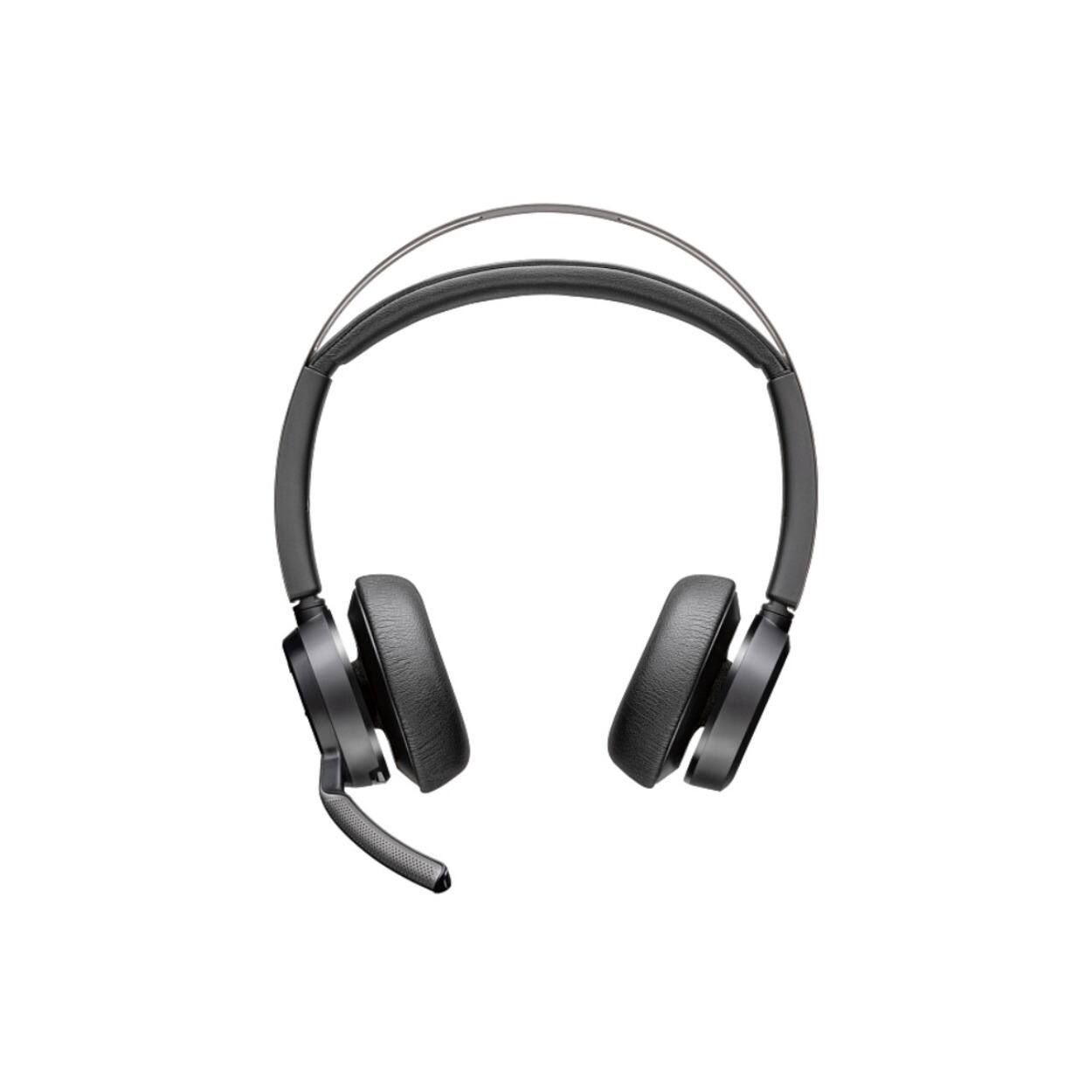 Left. HP - Poly Voyager Focus 2 USB-C-C Headset +USB-C/A Adapter + Charging Stand - Google Assistant, Siri - Stereo - USB Type C - - Black.