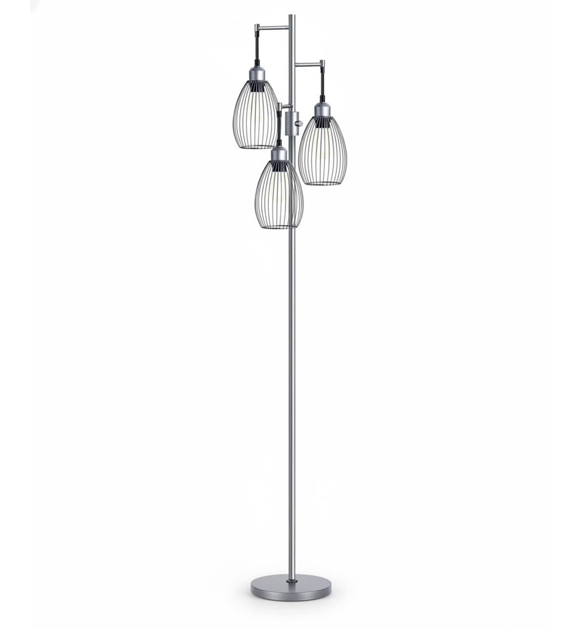 Front. FINEAK - Dimmable Industrial Floor Lamp with 3 x 800LM LED Edison Bulbs - Grey Standing Tree Lamp with Teardrop Cage Heads - Gray.