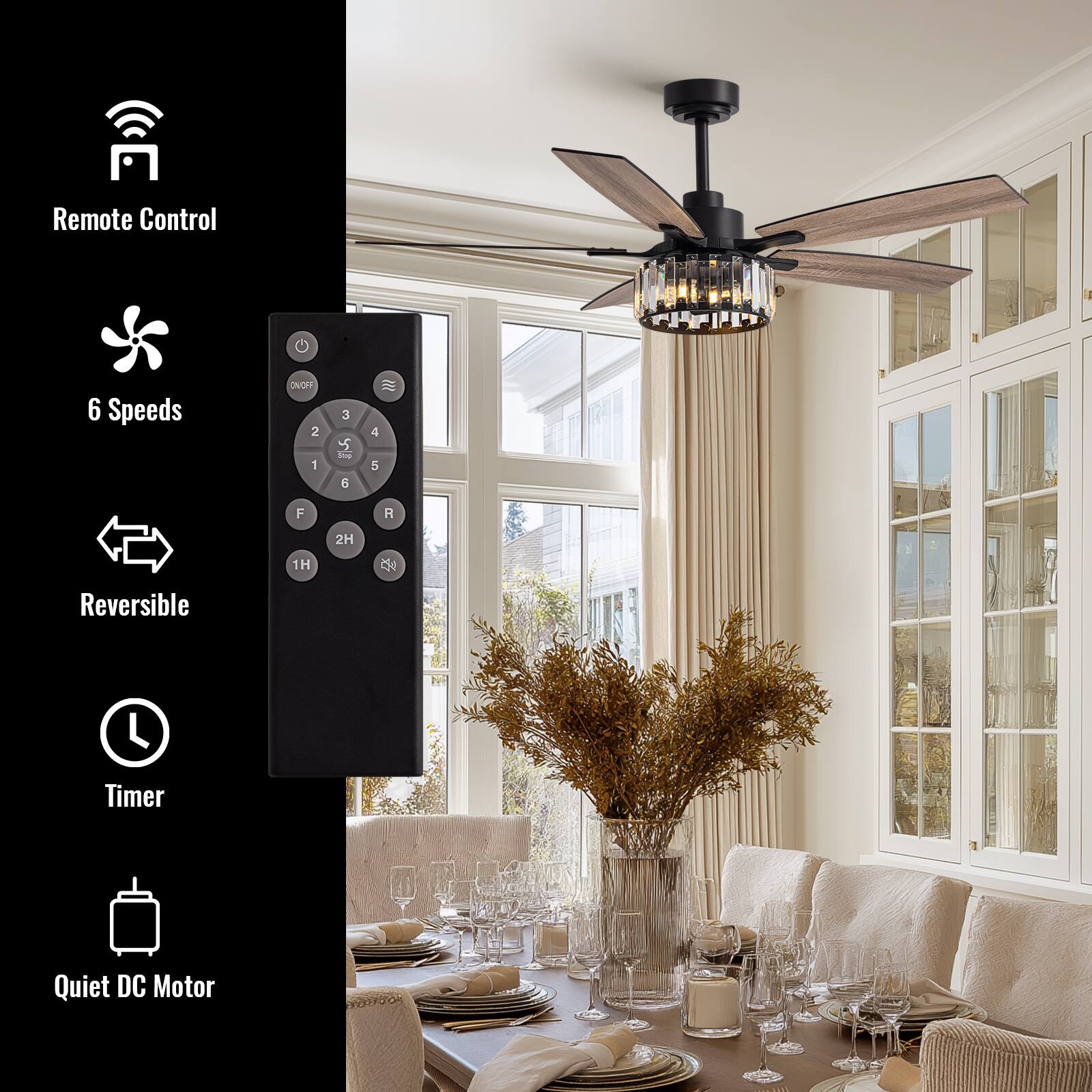 Remote Control  
6 Speeds  
Reversible  
Timer  
Quiet DC Motor
