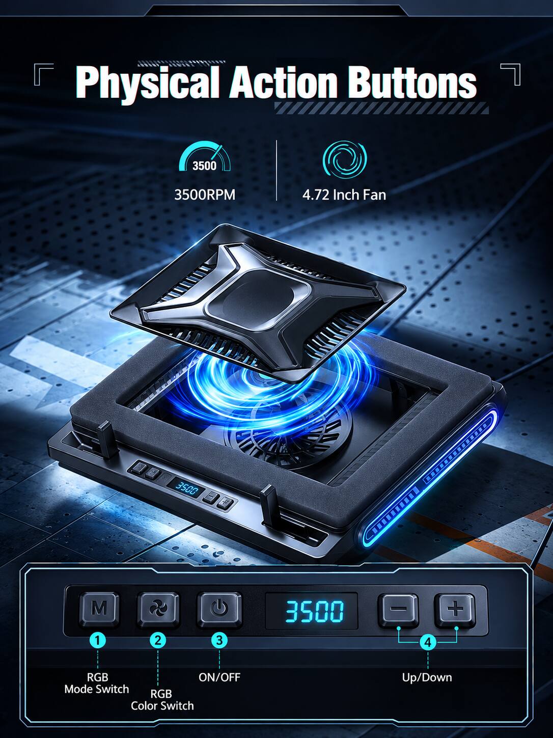 Physical Action Buttons

3500
3500RPM
4.72 Inch Fan

.............. GIVEAWAY

M 1
2
3
3500
-
4
+
RGB ON/OFF Mode Switch RGB Color Switch
Up/Down