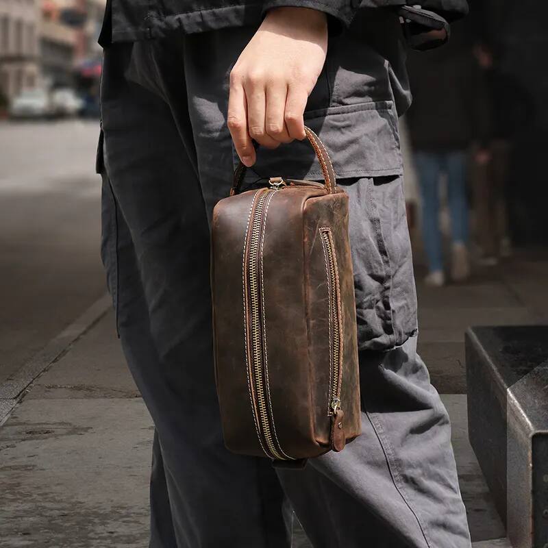 Alt View 4. Steel Horse Leather - The Wanderer Toiletry Bag | Genuine Leather Toiletry Bag - Dark Brown.