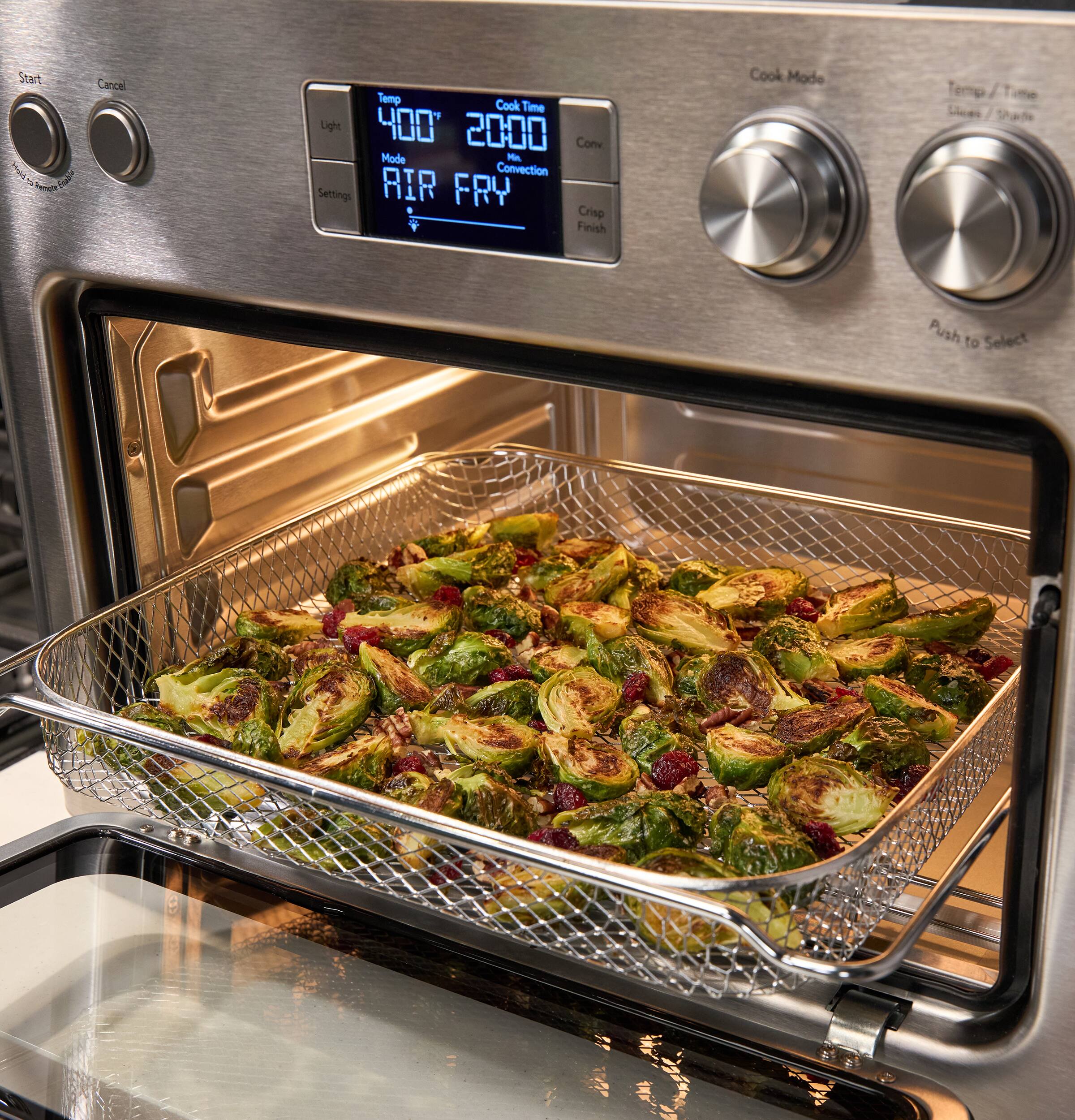 Start  
Cancel  
Temp Cook Time Light 400 20:00 Conv Mode Min. Convection Settings AIR FRY Crisp Finish  
Cook Mode  
Temp Time Lices Stade  
Push 07 Select