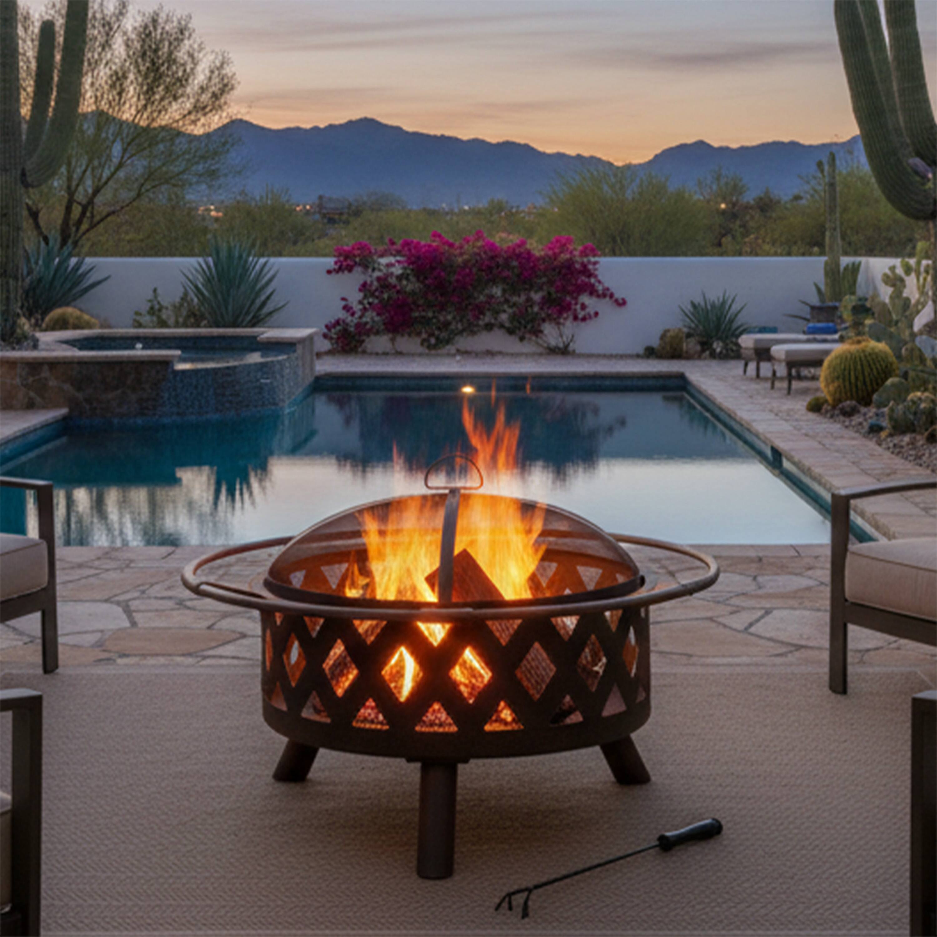 Alt View 10. Sunnydaze - 30 in Crossweave Steel Fire Pit with Screen and Poker - Bronze.