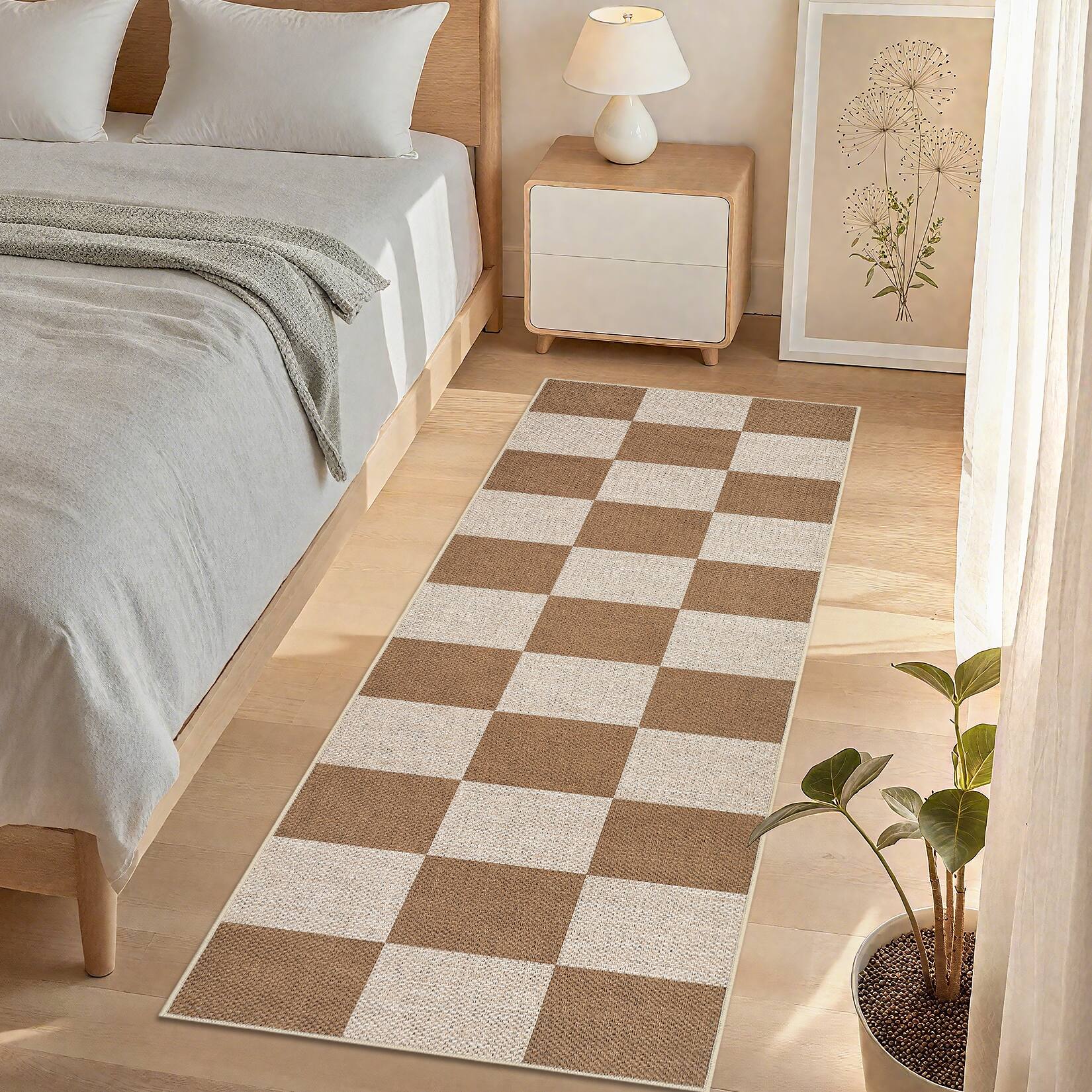 Left. GARVEE - GARVEE Modern Geometric Area Rug Checkerboard Printed Ultra Thin Washable Non Slip Indoor Rug for Dining Room Kitchen - Coffee.