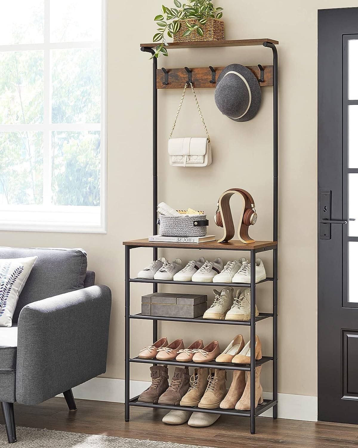 Back. Songmics Home - Coat and Shoe Rack – 5 Double Hooks 5-Tier Shoe Storage Vintage Brown and Black - Brown.