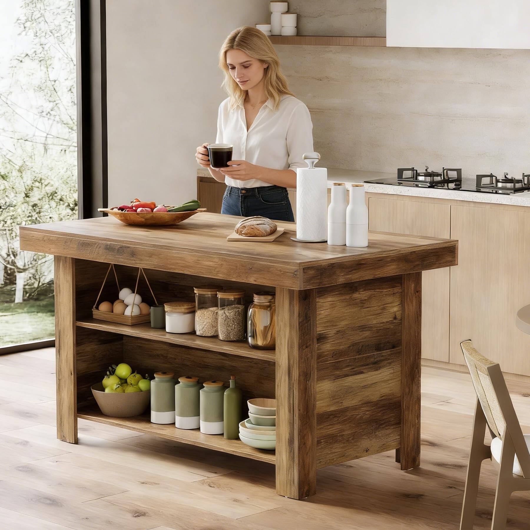 Back. Tribesigns - 55.1-Inch Farmhouse Kitchen Island with Large Worktop and 3-Tier Storage for Kitchen or Dining Room - Rustic Brown.