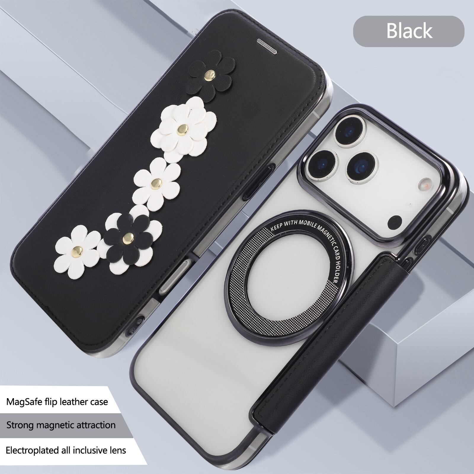 Black  
MagSafe flip leather case  
Strong magnetic attraction  
Electroplated all inclusive lens
