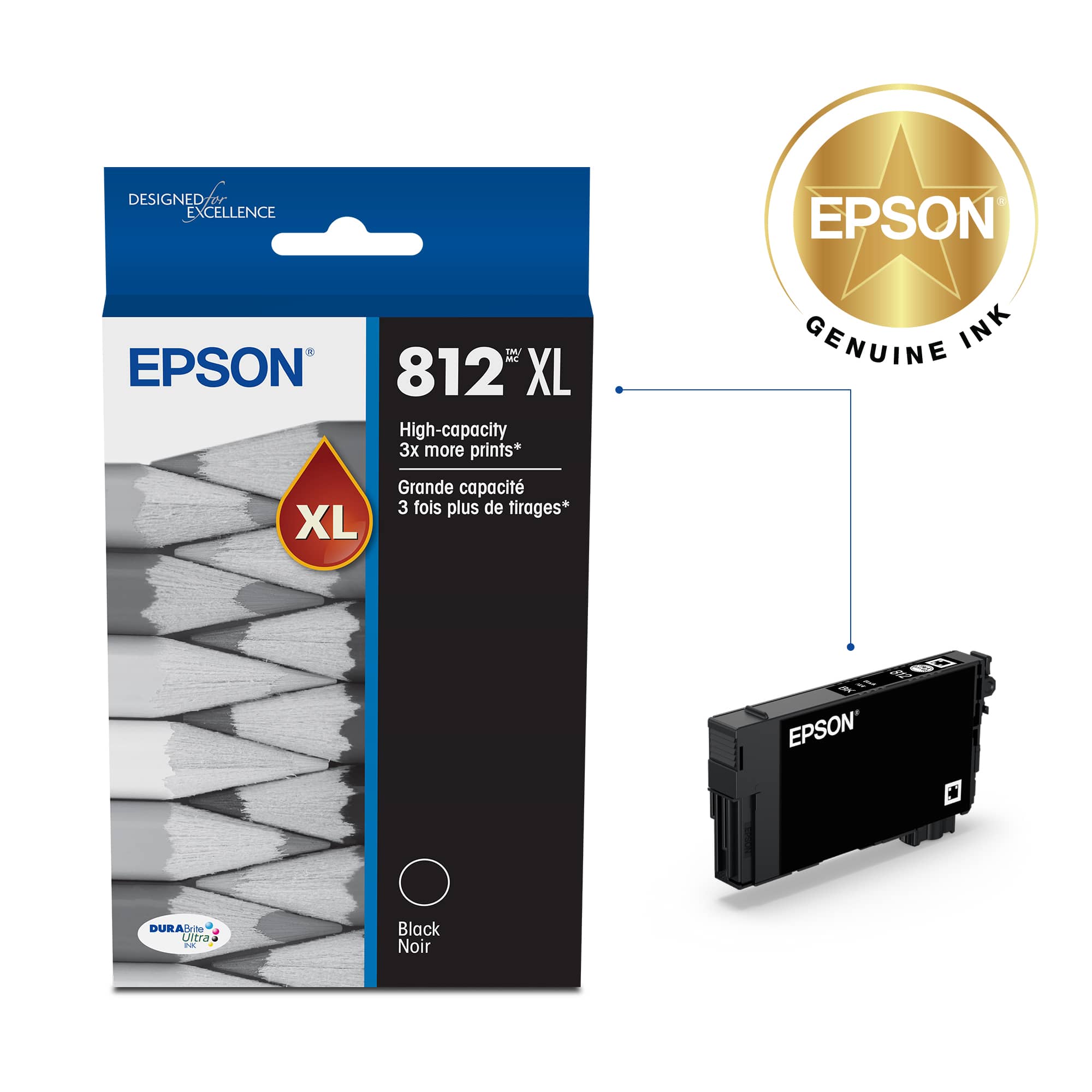 The text on the image reads: "Designed for Excellence EPSON 812 XL High-capacity 3x more prints* Grande capacit 3 fois plus de tirages* XL GENUINE INK d0 LX EPSON DURABrite Ultra - Black Noir."