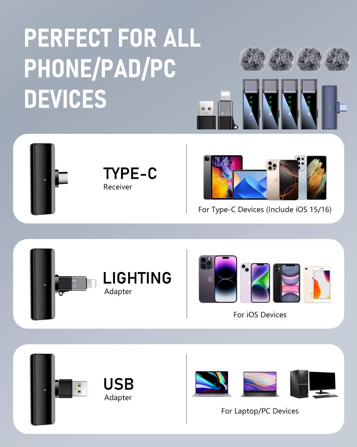 PERFECT FOR ALL PHONE/PAD/PC DEVICES

TYPE-C  
Receiver  
For Type-C Devices (Include iOS 15/16)

LIGHTING  
Adapter  
For iOS Devices

USB  
Adapter  
For Laptop/PC Devices