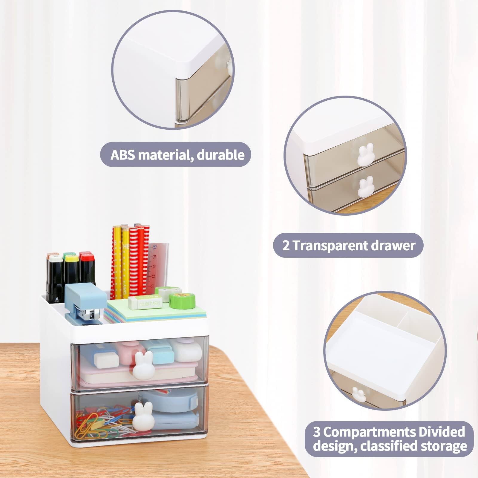 ABS material, durable  
2 Transparent drawer  
3 Compartments Divided design, classified storage