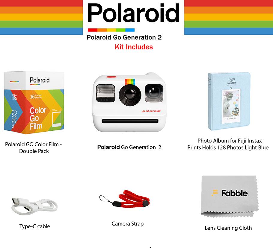 Polaroid Polaroid Go Generation 2 Kit Includes Polaroid PINCES or MOMENT estant I 16 16 PI G0 Color GoFilm Color Go Film Polaroid GO Color Film Double Pack polaroid Polaroid Go Generation 2 Photo Album for Fuji Instax Prints Holds 128 Photos Light Blue = Fabble Type-C cable Camera Strap Lens Cleaning Cloth