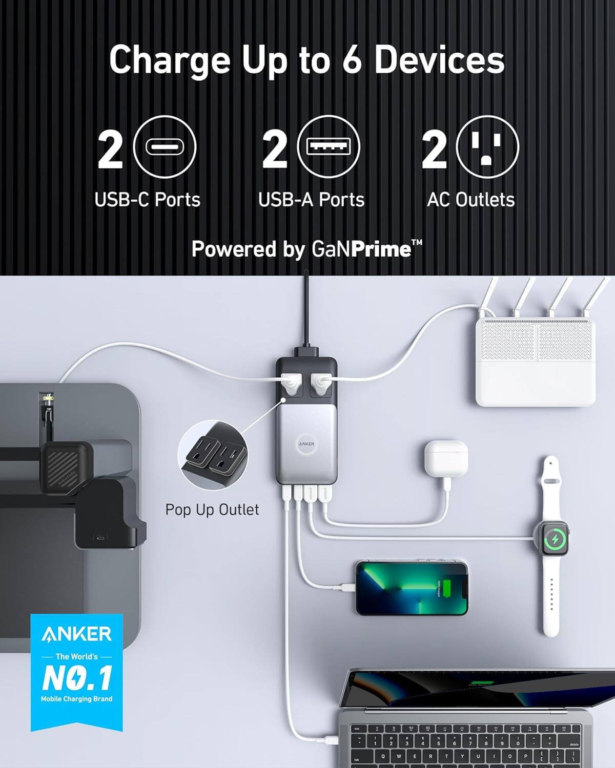 Charge Up to 6 Devices  
2 USB-C Ports  
2 USB-A Ports  
2 AC Outlets  
Powered by GaNPrime™  

Pop Up Outlet  

ANKER  
The World's NO.1 Mobile Charging Brand
