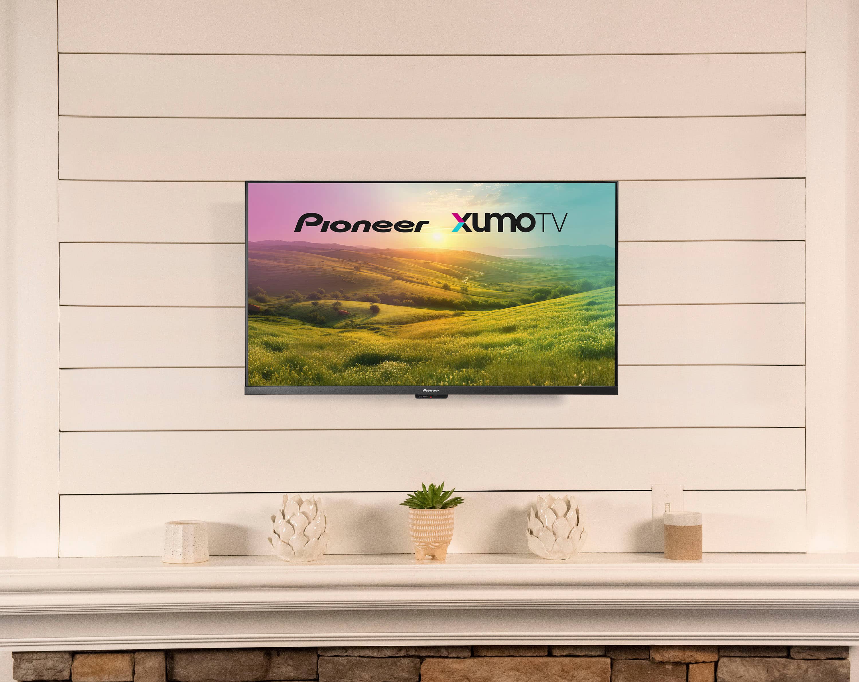 Pioneer XUMO TV is displayed on the screen of a flat screen television.