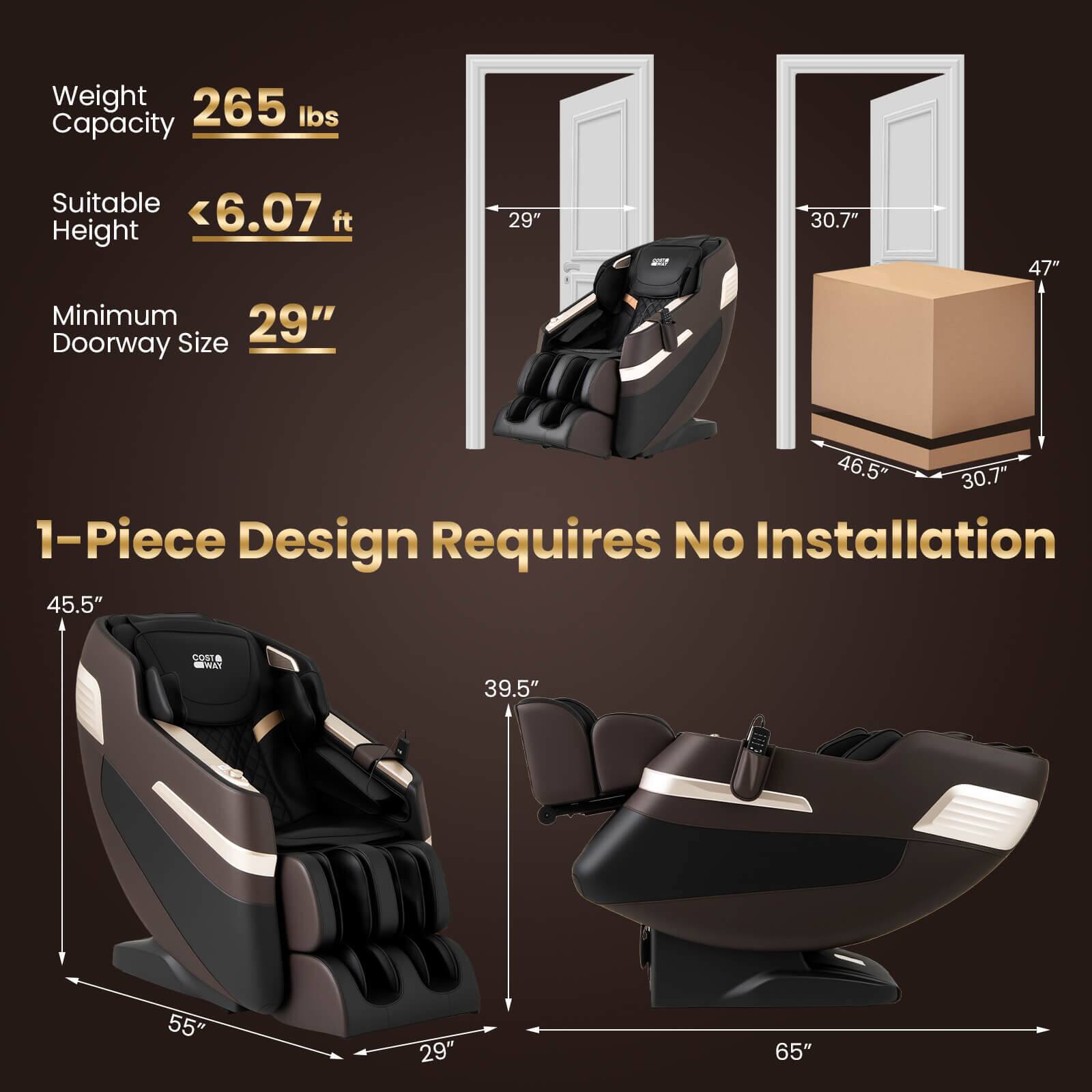 The text on the image is grouped and corrected as follows:

Weight: 265 lbs
Capacity: 6.07 ft
Height: Minimum 29"
Doorway Size: 29" - 30.7"
47"
1-Piece Design
Requires No Installation
45.5"
COSTA SWA
39.5"
55"
29"
65"