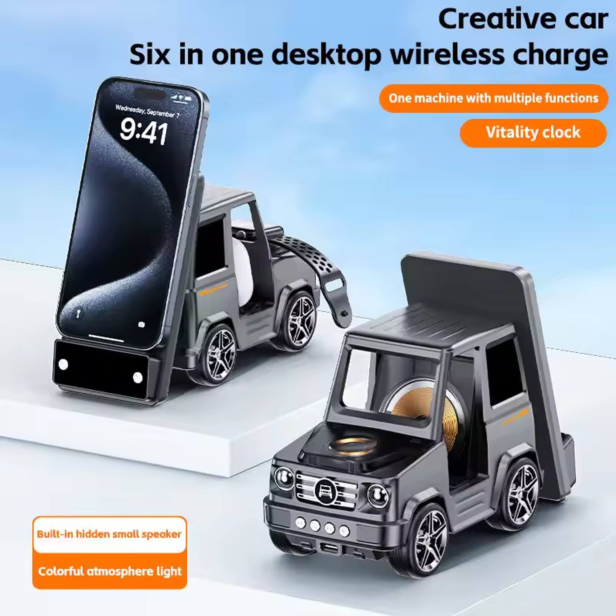Creative car  
Six in one desktop wireless charge  
One machine with multiple functions  
Vitality clock  
Built-in hidden small speaker  
Colorful atmosphere light