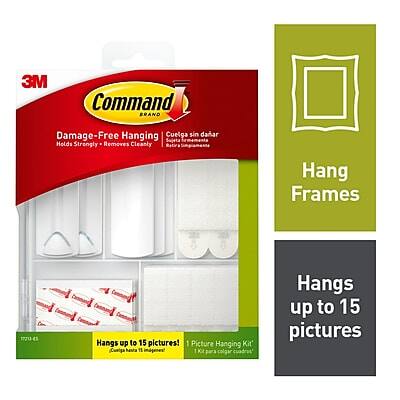 3M Command Brand Damage-Free Hanging  
Cuelga sin dañar  
Sujeta fuertemente - Se retira limpiamente  

Hang Frames  
Hangs up to 15 pictures!  
Picture Hanging Kit  
Kit para colgar imágenes  

17213-45