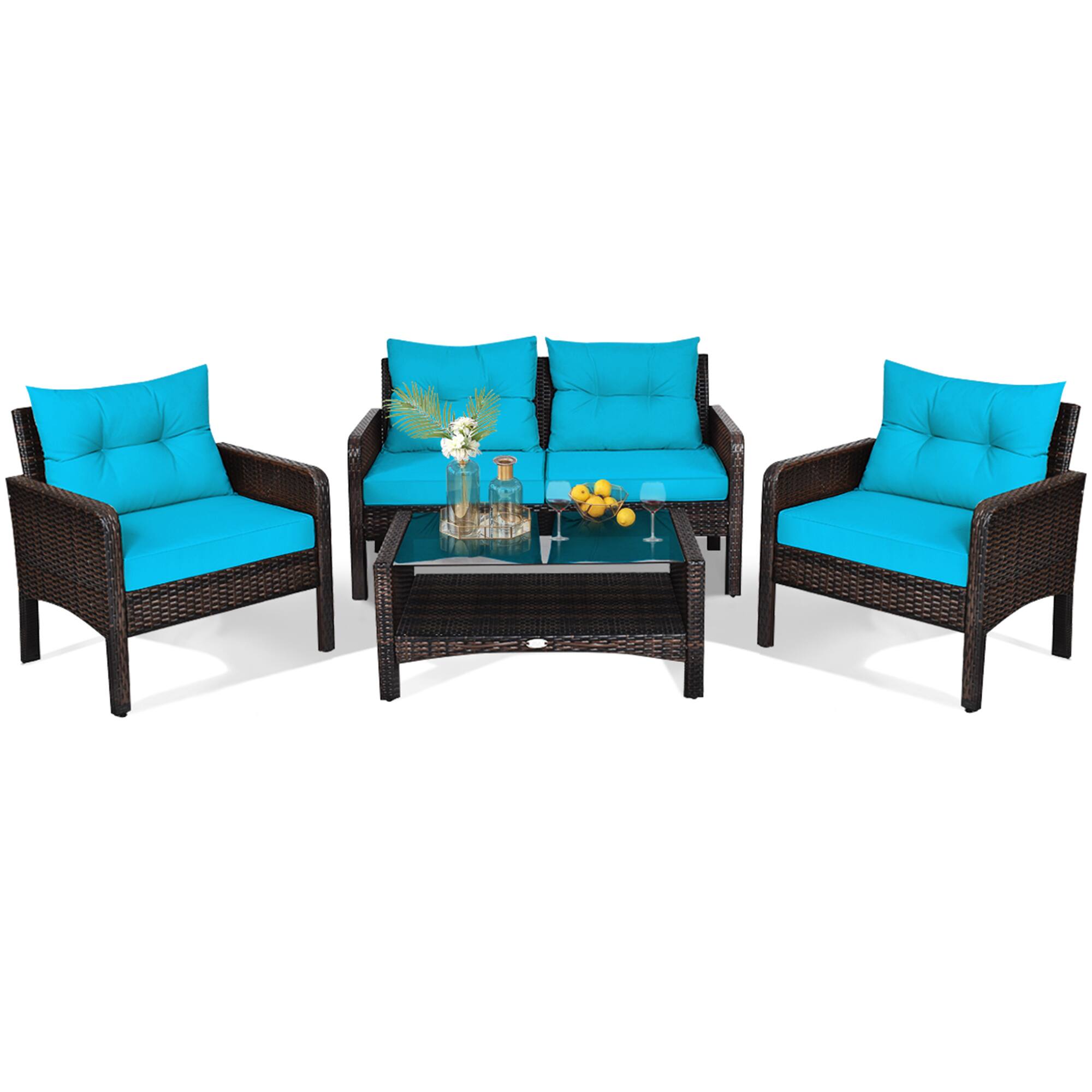 Alt View 1. Gymax - Gymax 4PCS Rattan Patio Furniture Conversation Set Cushioned Outdoor Furniture Set - Turquoise.