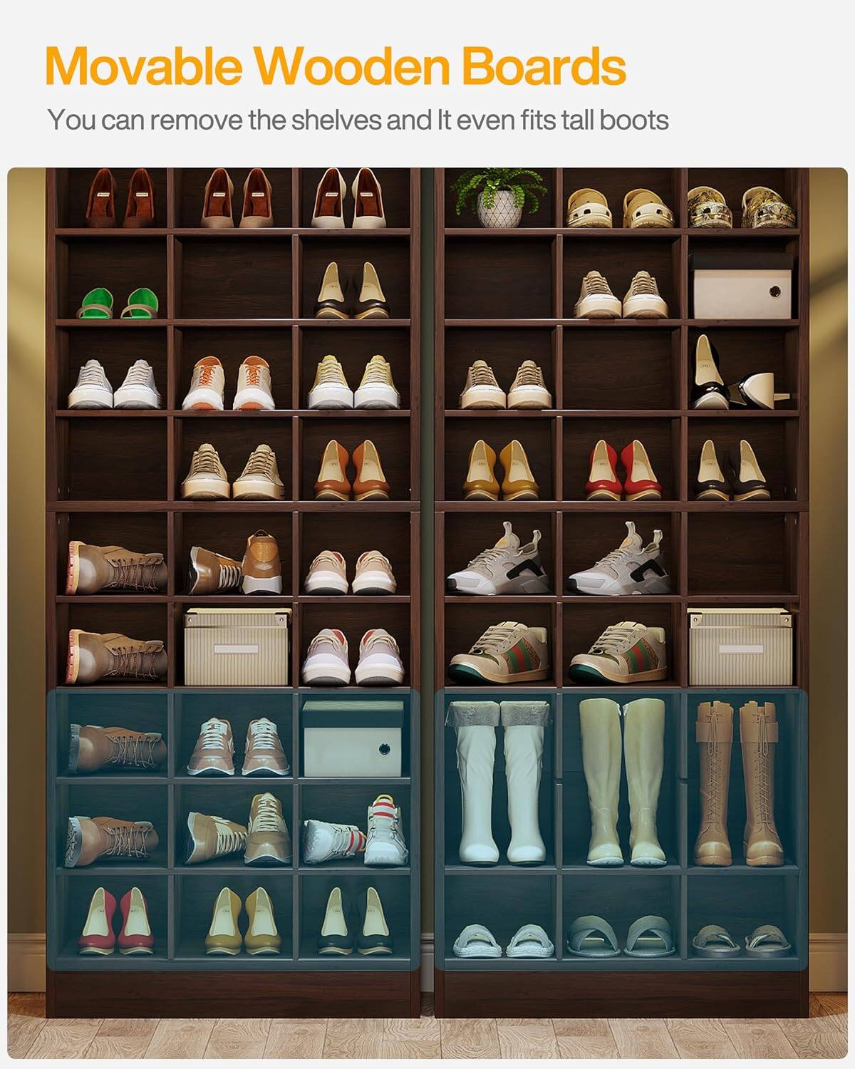 Movable Wooden Boards  
You can remove the shelves and it even fits tall boots