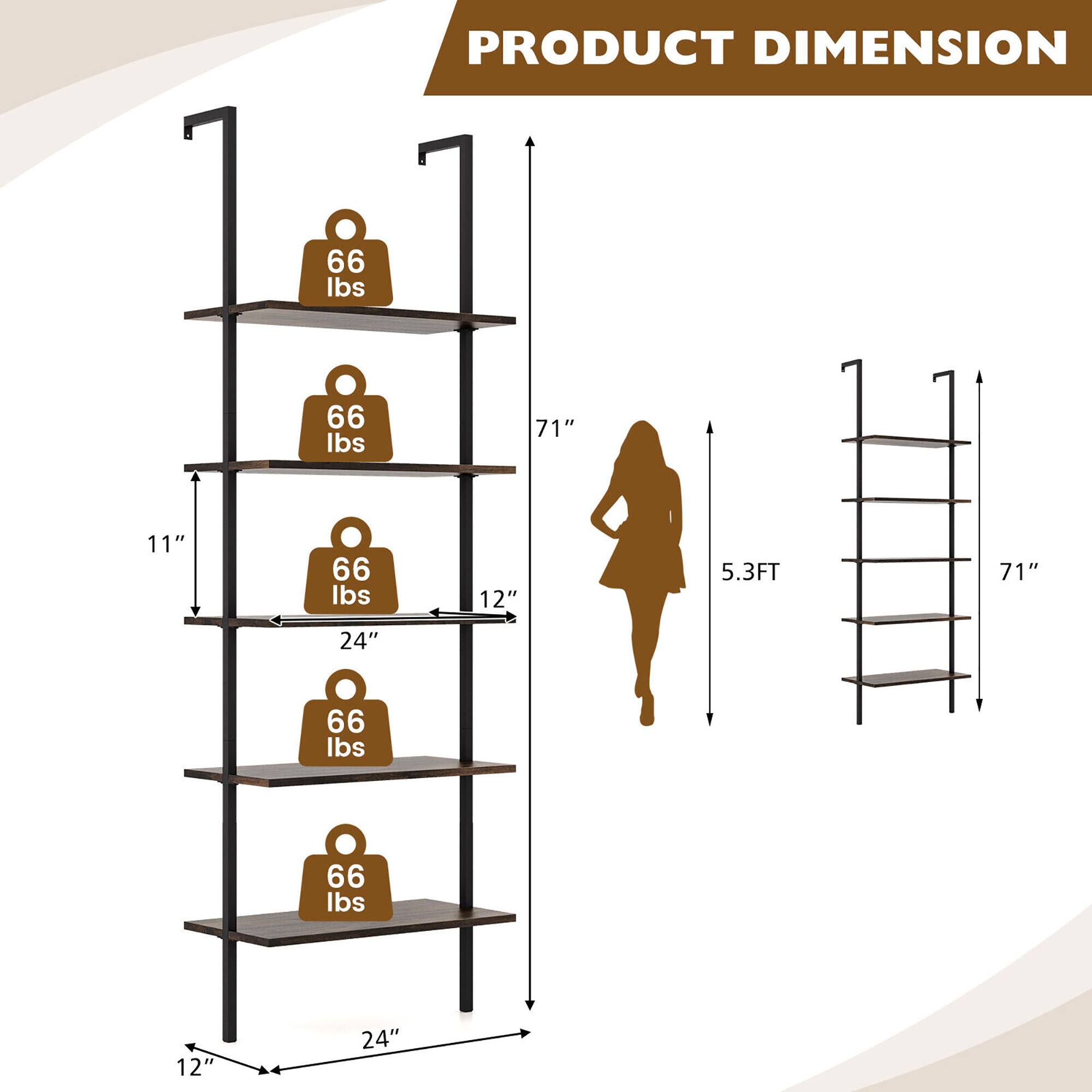 Alt View 2. Gymax - Gymax 5 Tier Ladder Shelf 71'' Height Wall-Mounted Bookshelf Display Storage Organizer - Brown.