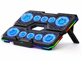 Core Tech - 10-Fan RGB Laptop Cooling Pad with LCD Controls, 7-Level Stand and 2 USB Ports for 12–17.3-Inch Laptops - Black