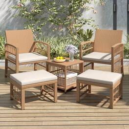 Costway - 5 Pieces Patio Conversation Set PE Rattan Balcony Furniture Set with Cushions - Natural+Off White