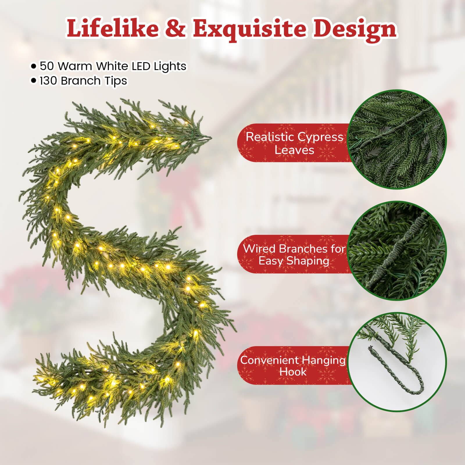 Lifelike & Exquisite Design

- 50 Warm White LED Lights
- 130 Branch Tips

Realistic Cypress Leaves

Wired Branches for Easy Shaping

Convenient Hanging Hook