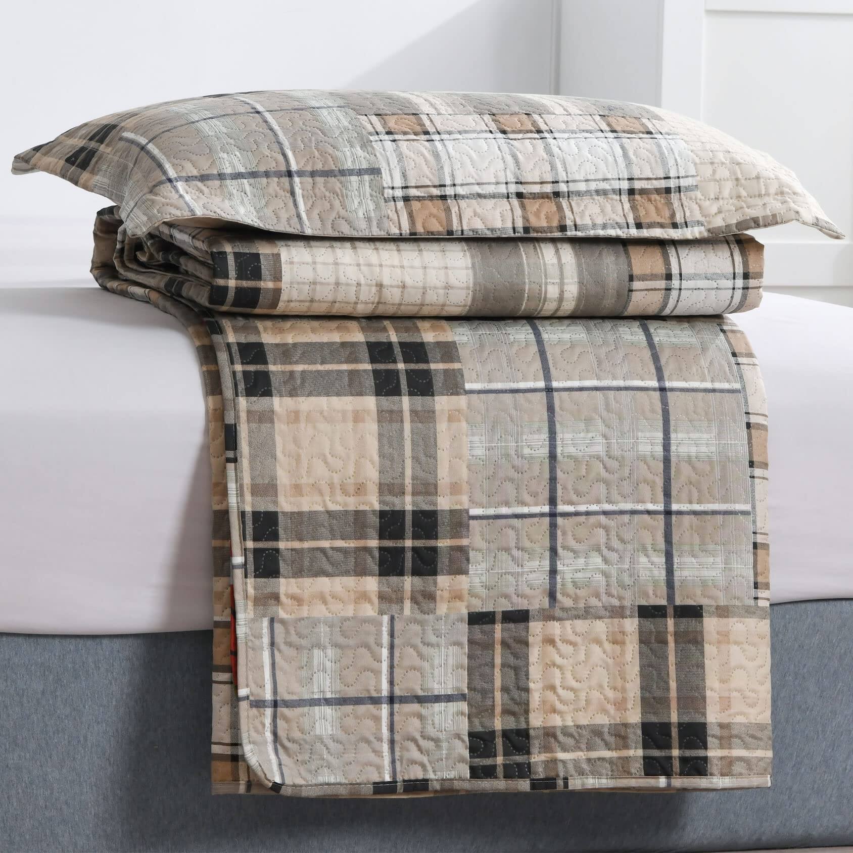 Alt View 6. Paradigms Interiors - Plaid Bedding Quilt Set Lightweight Patchwork Bedspread Breathable Microfiber Geometric Coverlet Check Bed ... - Brown Coffee-King (106 in x 96 in).