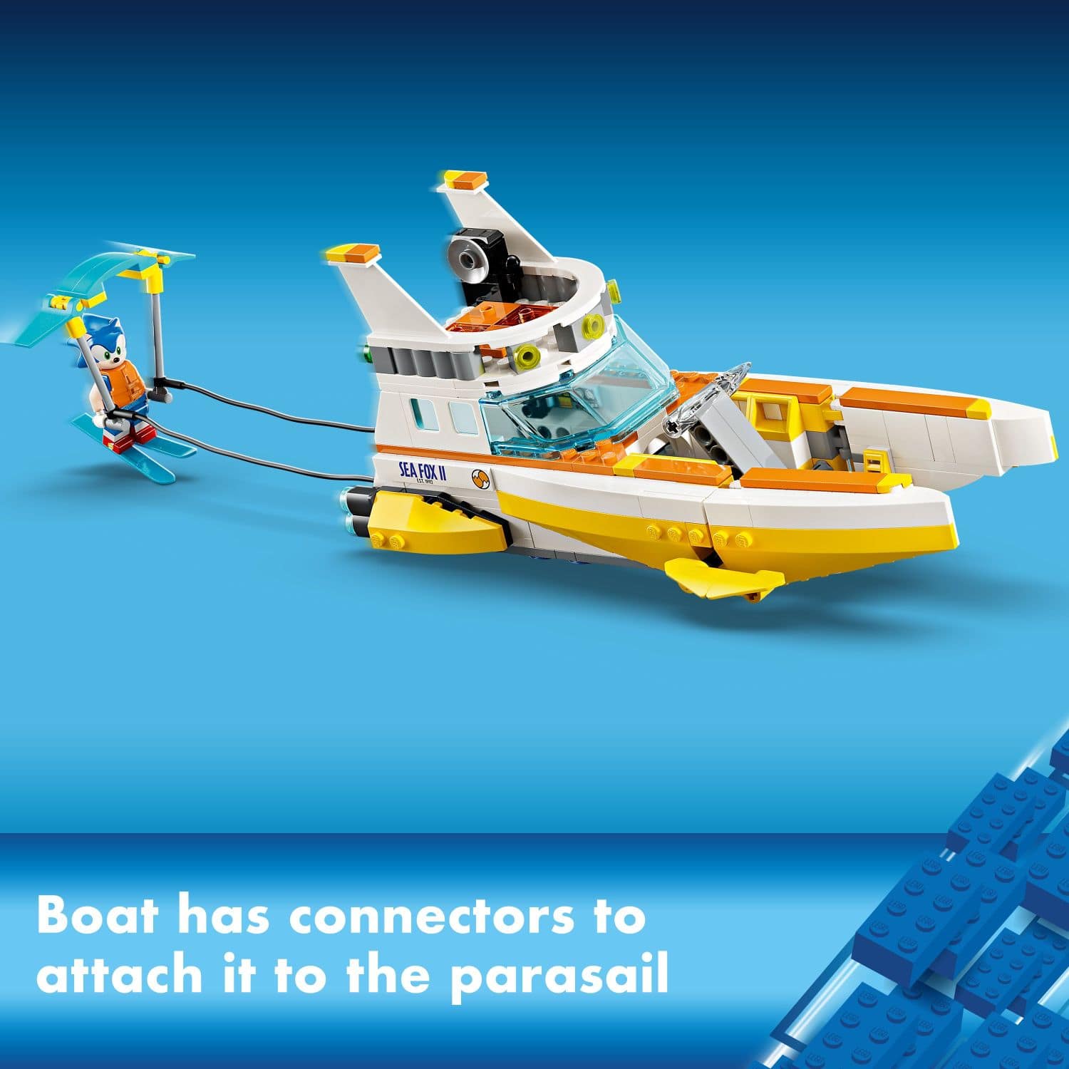 The text on the image reads: "Boat has connectors to attach it to the parasail."