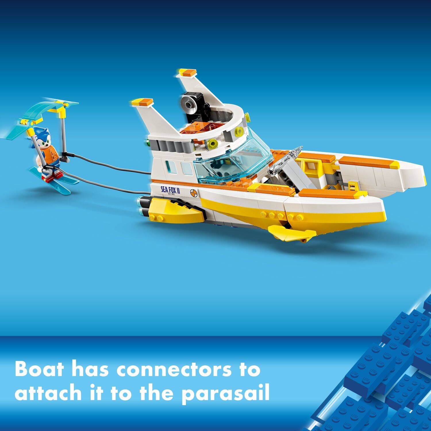 The text on the image reads: "Boat has connectors to attach it to the parasail."