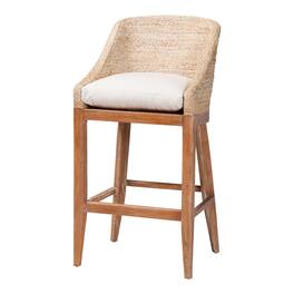 bali & pari - Jasper Seagrass Bar Stool with Mahogany Wood Frame - Seating with Woven Wingback and Cushioned Seat - White Wash