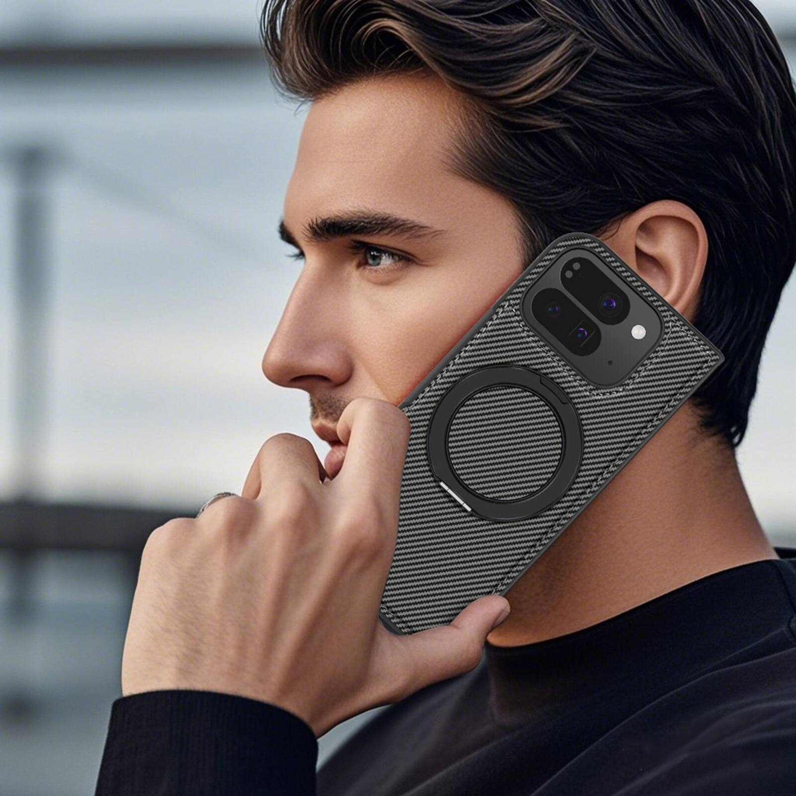 Alt View 2. Dteck - Magnetic Carbon Fiber Pattern Case for Google Pixel 10 Pro Fold with Stand, Shockproof Rigid Plastic Faux Leather Cover - Gray.