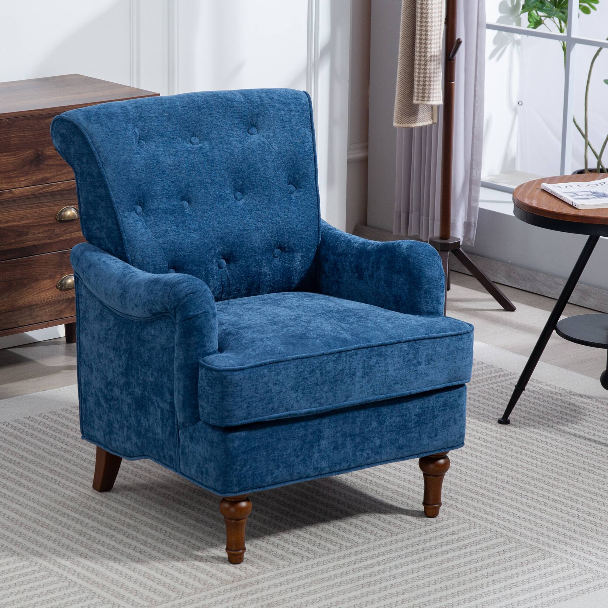 GOODSILO - Comfortable Upholstered Accent Armchair with Ergonomic Support and Retro Wooden Legs for Living Room or Office - Blue