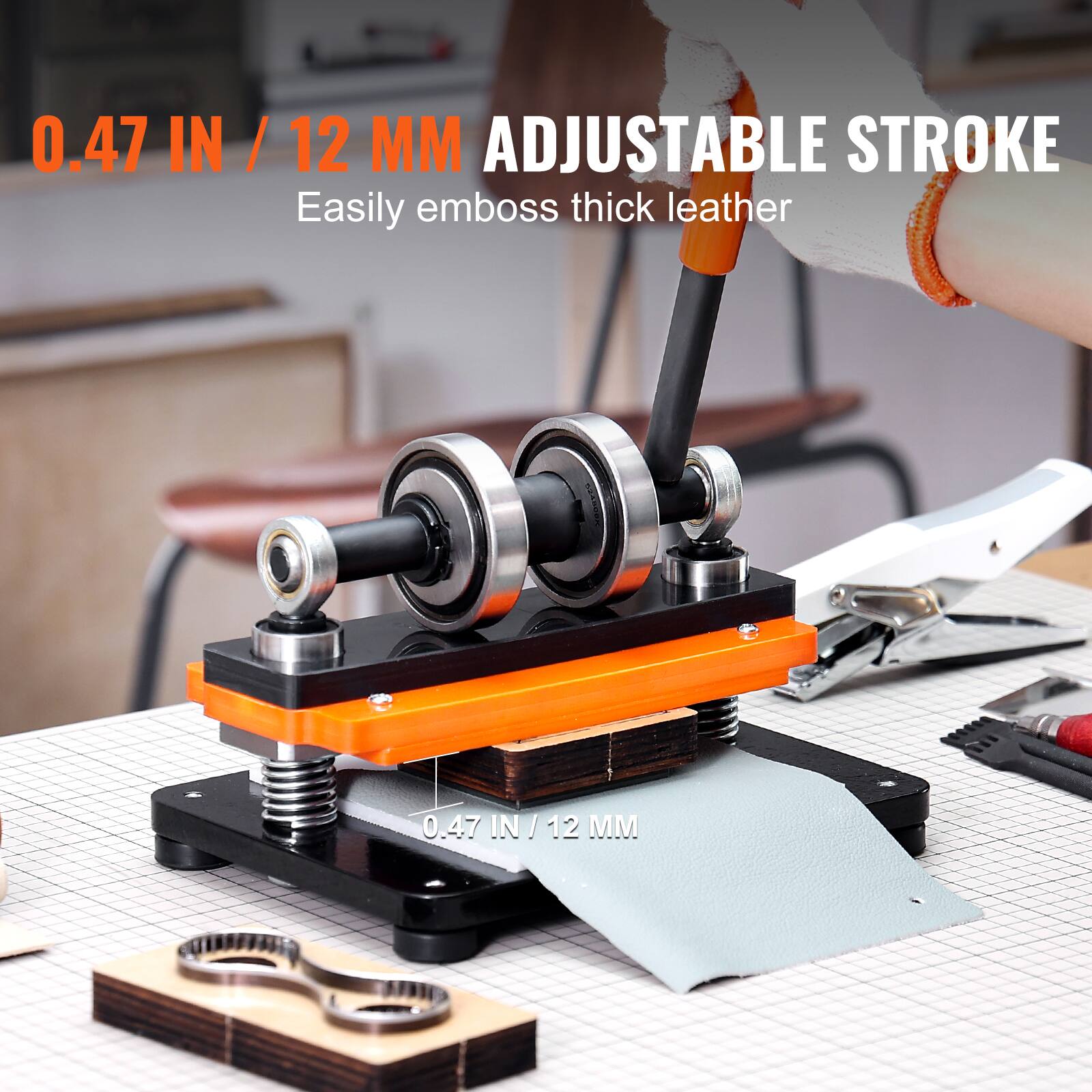 0.47 IN / 12 MM ADJUSTABLE STROKE  
Easily emboss thick leather