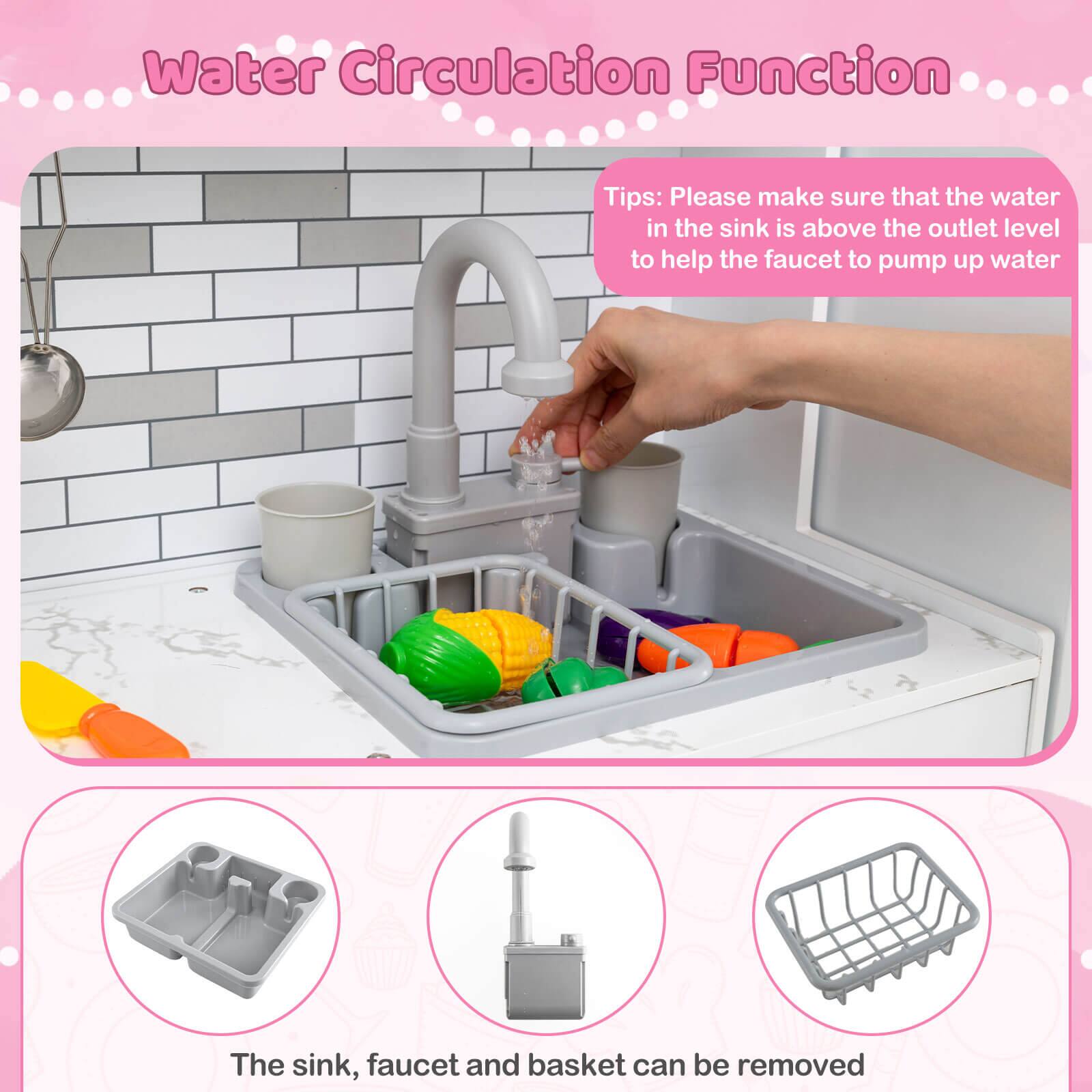Water Circulation Function

Tips: Please make sure that the water in the sink is above the outlet level to help the faucet to pump up water

The sink, faucet and basket can be removed