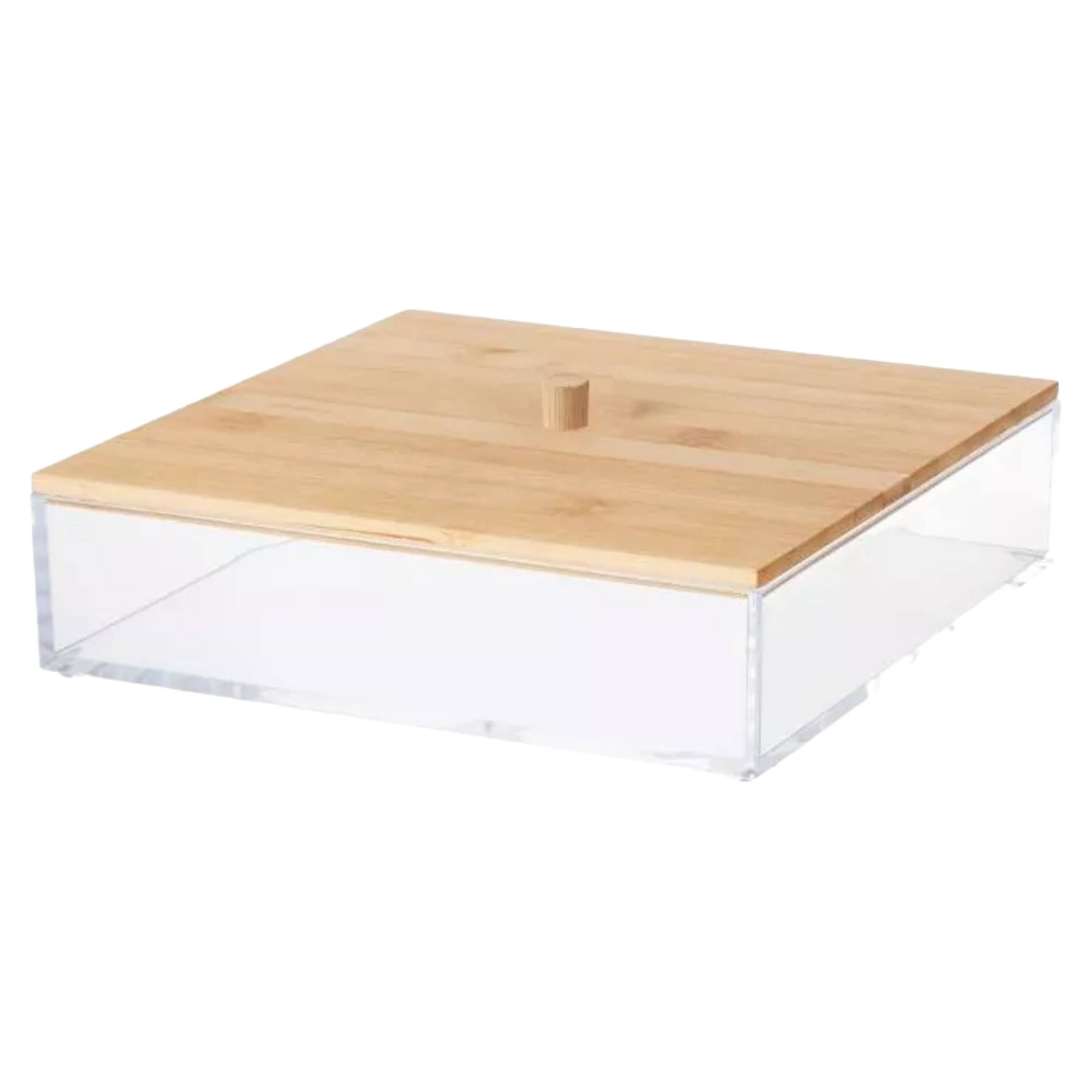 Front. Elle - Acrylic Cosmetic Organizer with Bamboo Lid, Clear Makeup Storage Box for Skincare, Beauty Accessories, Bathroom & Vanity - Clear/Natural Bamboo.