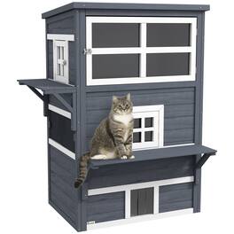 Pawhut - 3-Story Cat House Feral Cat Shelter, Outdoor Kitten Condo with Raised Floor, Asphalt Roof, Escape Doors